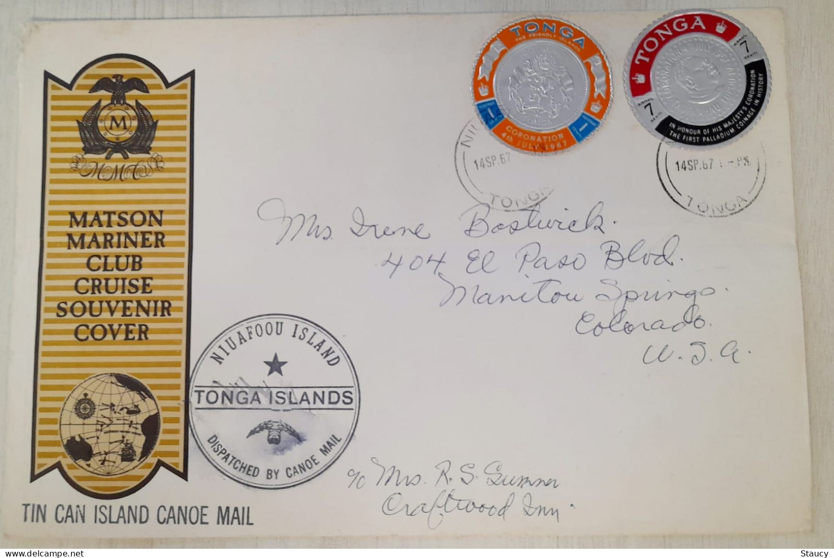 TONGO 1967 Gold Coin ODD / UNUSUAL SELF ADHESIVE Stamps FRANKING On SEA MAIL COVER As Per Scan - Erreurs Sur Timbres