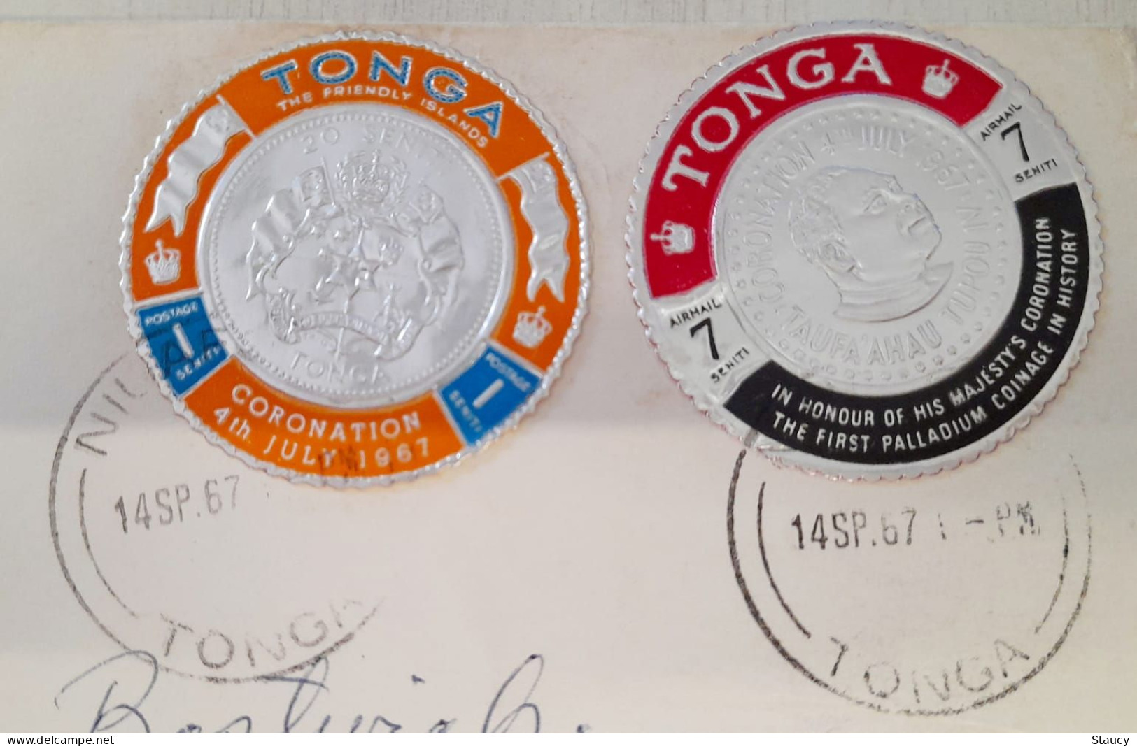 TONGO 1967 Gold Coin ODD / UNUSUAL SELF ADHESIVE Stamps FRANKING On SEA MAIL COVER As Per Scan - Fehldrucke