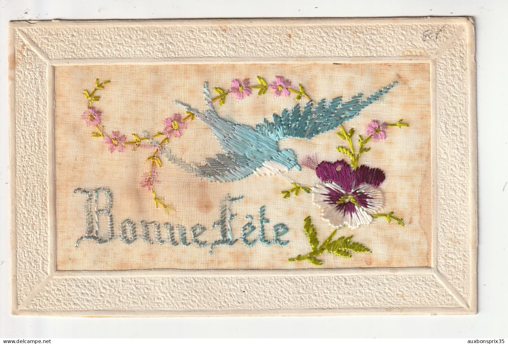 CARTE BRODEE - BONNE FETE - HIRONDELLE ET FLEURS - Andere & Zonder Classificatie