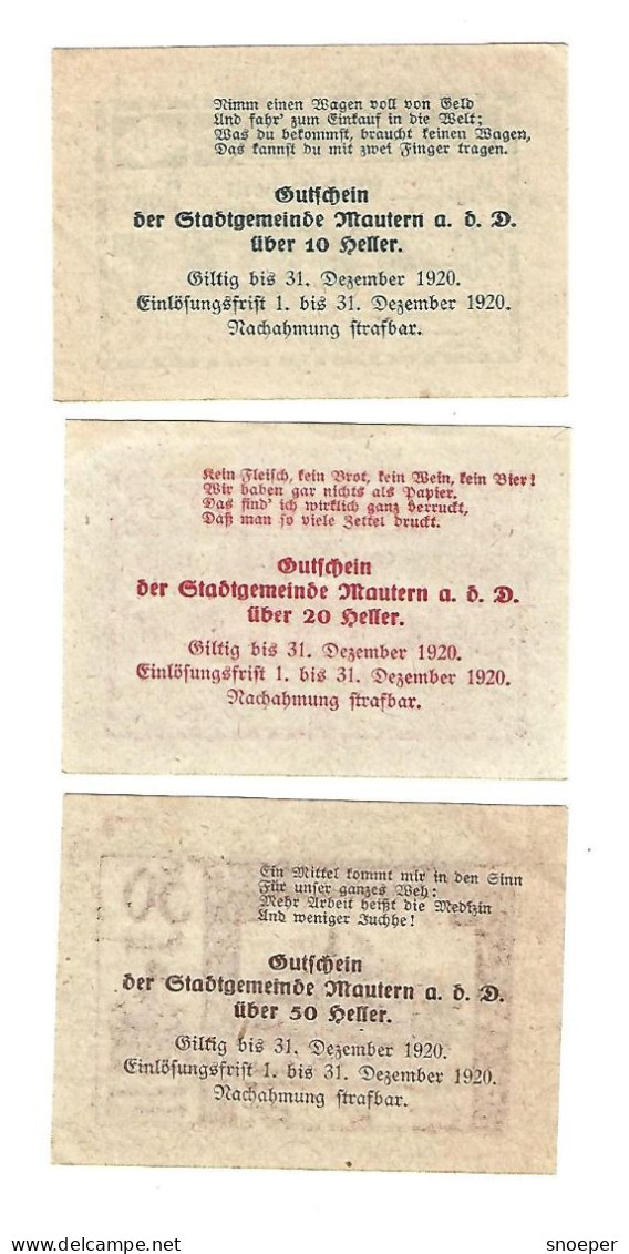 **notgeld   Austria  Mautern 10+20 X+50 Heller  600/1h-j-k   Cat Val 3,00 Euro - Autriche