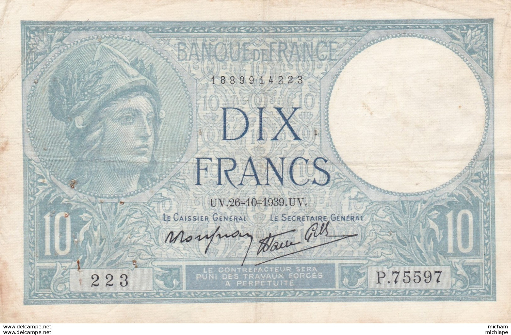 Billet France  10 Francs  Minerve -  U V . 26= 10 = 1939 U V - P . 75597 - Ce Billet A  Circulé - 10 F 1916-1942 ''Minerve''