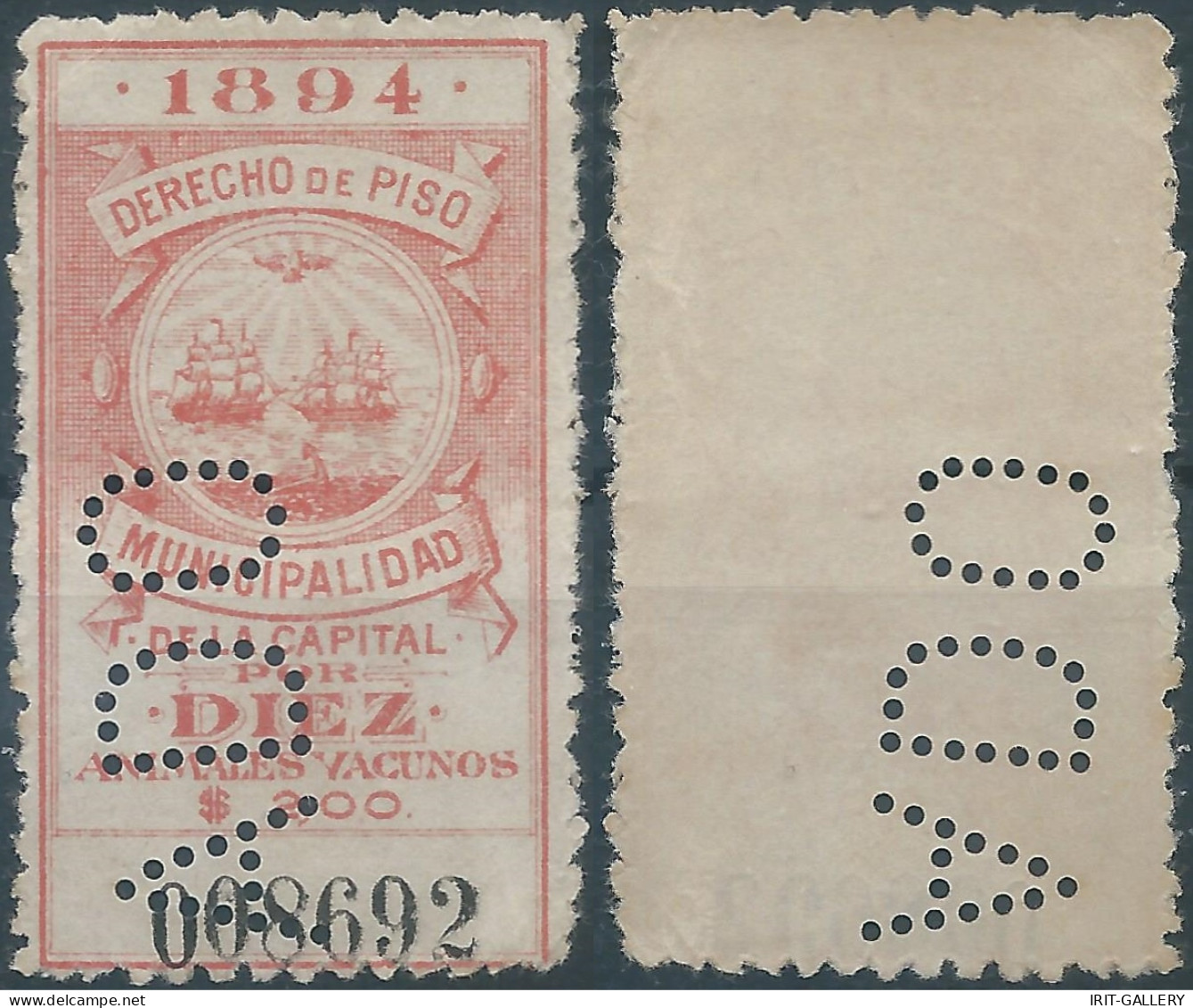 ARGENTINA,1894 Revenue Stamp Taxe Fiscal,RIGHT OF APARTMENT MUNICIPALITY OF CAPITAL TEN Animals Cattle(PERFIN) - Other & Unclassified