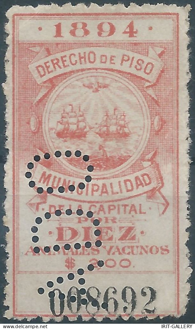 ARGENTINA,1894 Revenue Stamp Taxe Fiscal,RIGHT OF APARTMENT MUNICIPALITY OF CAPITAL TEN Animals Cattle(PERFIN) - Sonstige & Ohne Zuordnung