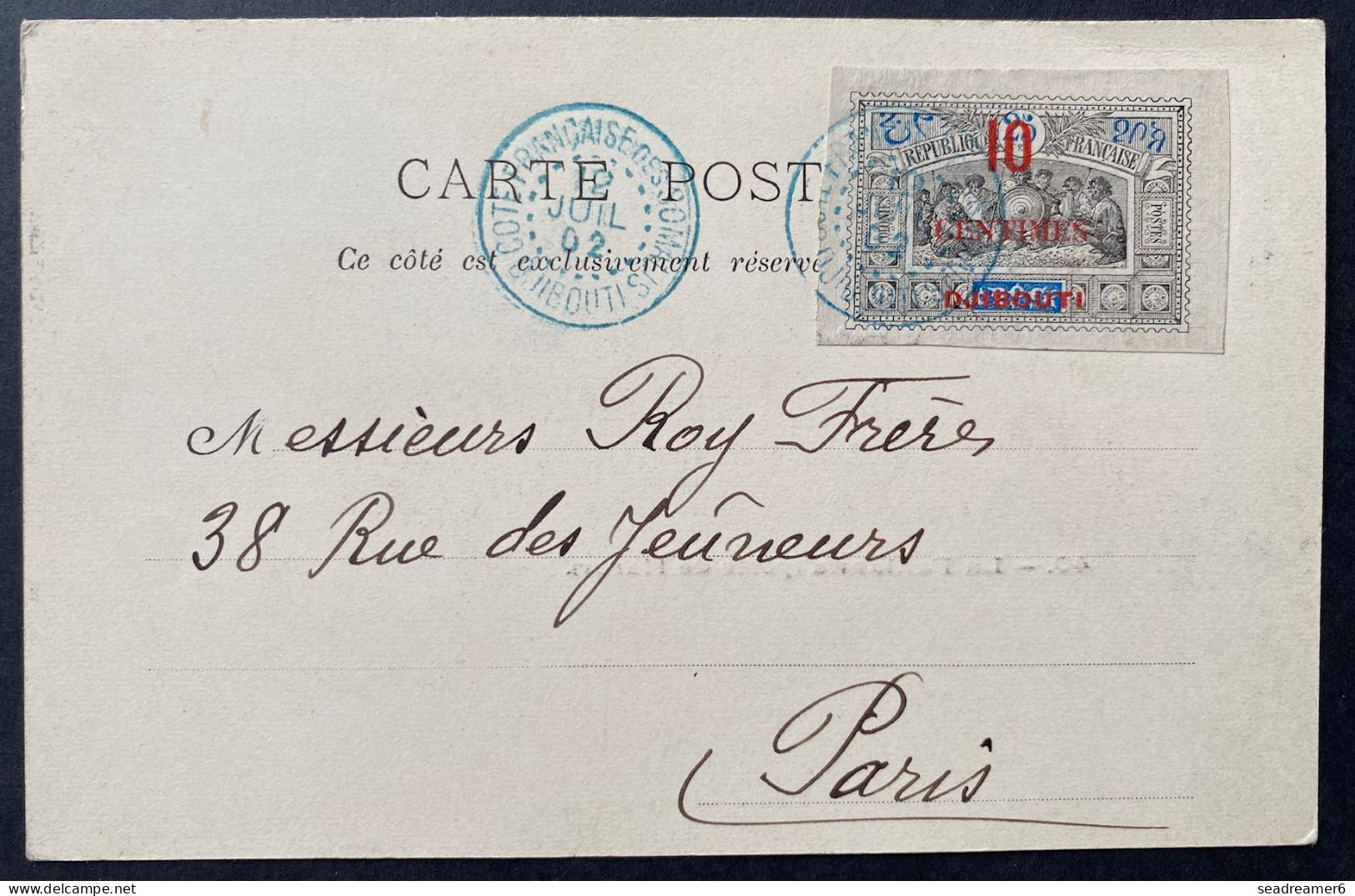 Cotes Des SOMALIS Carte Postale Porte De HARAR N°31 10c Sur 25c Oblitéré Dateur Bleu De DJIBOUTI Pour PARIS Rare ! - Lettres & Documents