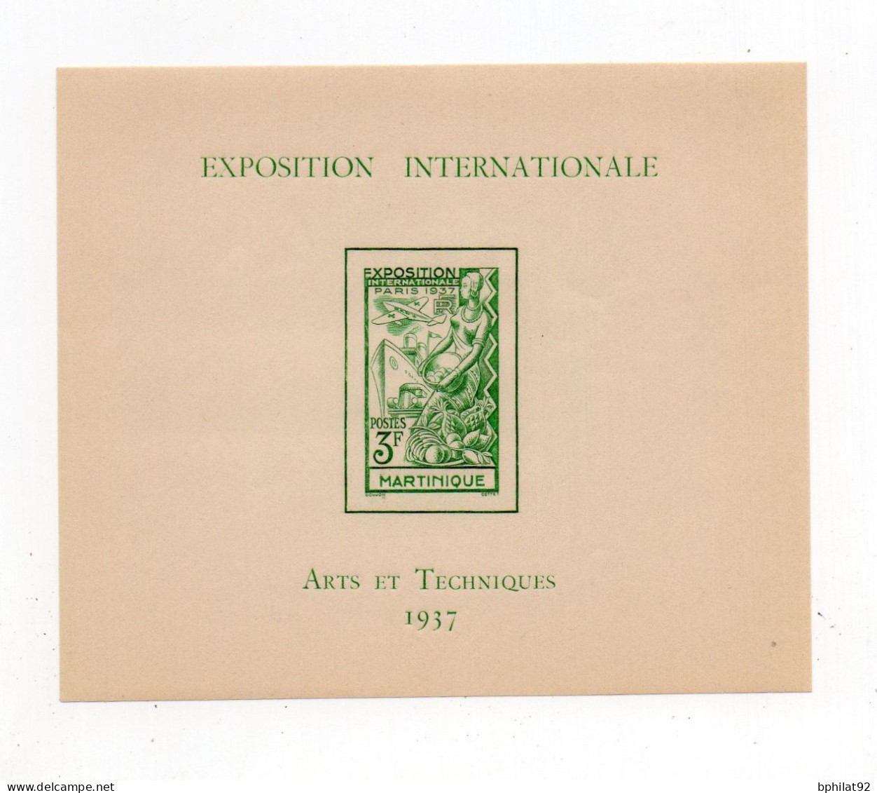 !!! MARTINIQUE : BLOC FEUILLET N° 1 EXPOSITION INTERNATIONALE - ARTS & TECHNIQUES 1937 NEUF ** - Blocs-feuillets