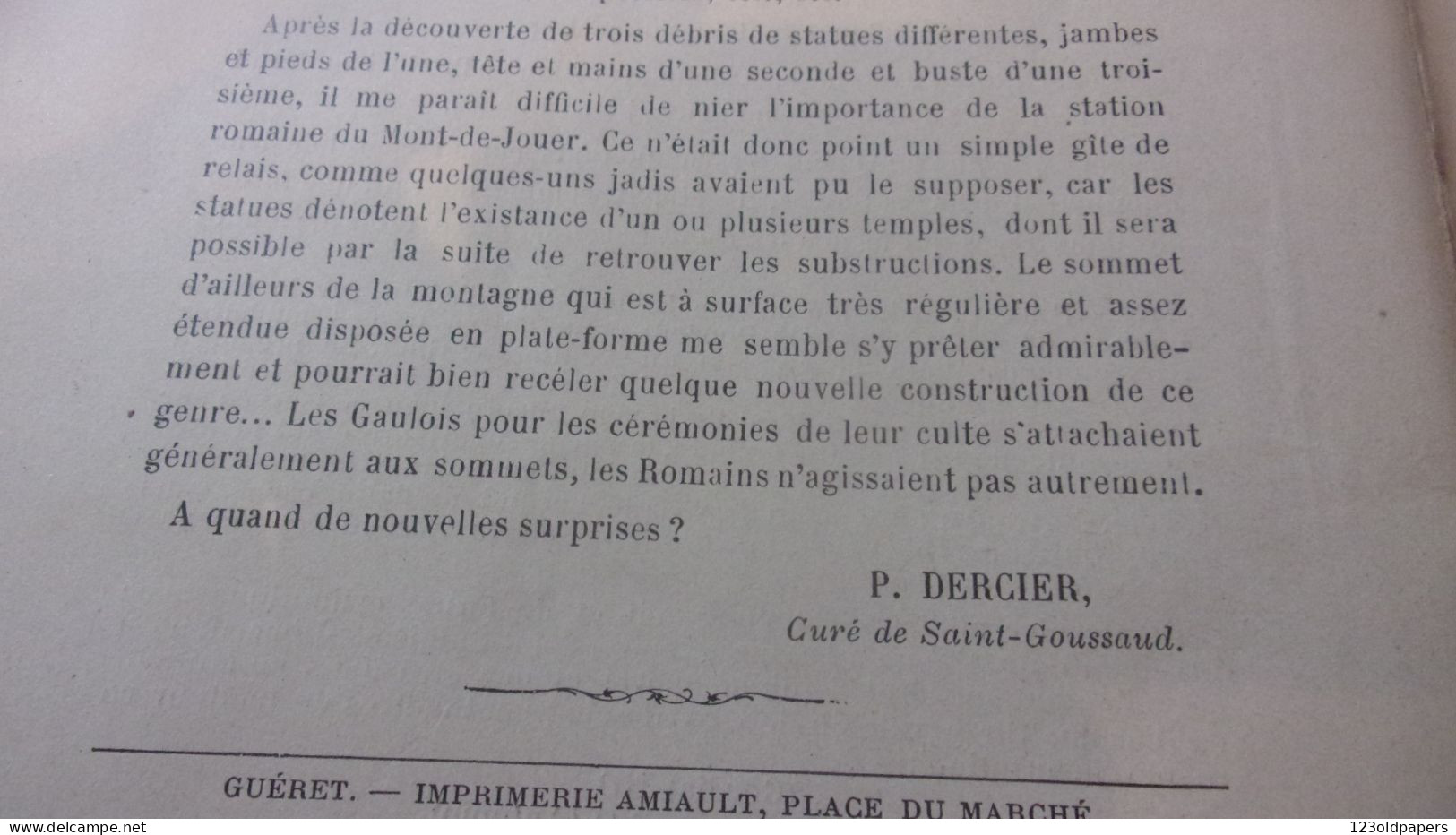 RARE CREUSE MONT DE JOUER SAINT GOUSSAUD  VILLA GALLO ROMAINE 1905 PAR LE CURE