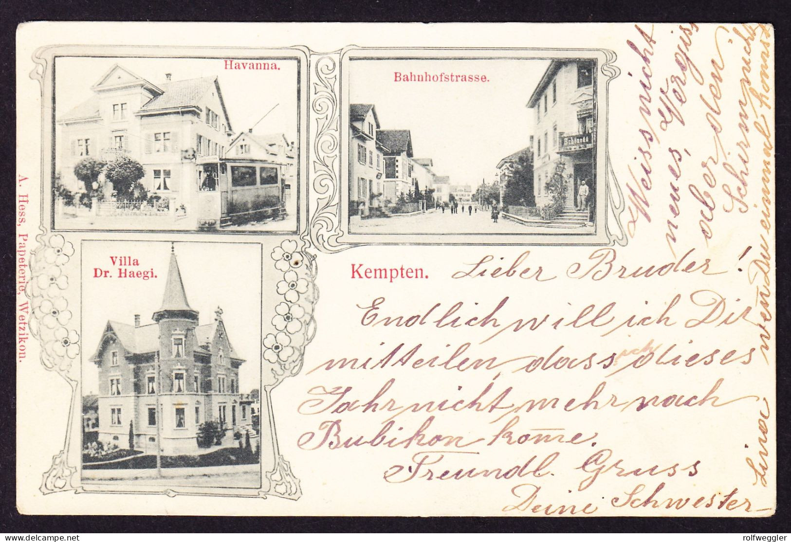 1903 Gelaufen AK Aus Kempten, 3 Bildrig. Bahnhofstrasse Mit Schönegg, Tram, Havanna Und Villa Dr Haegi - Egg