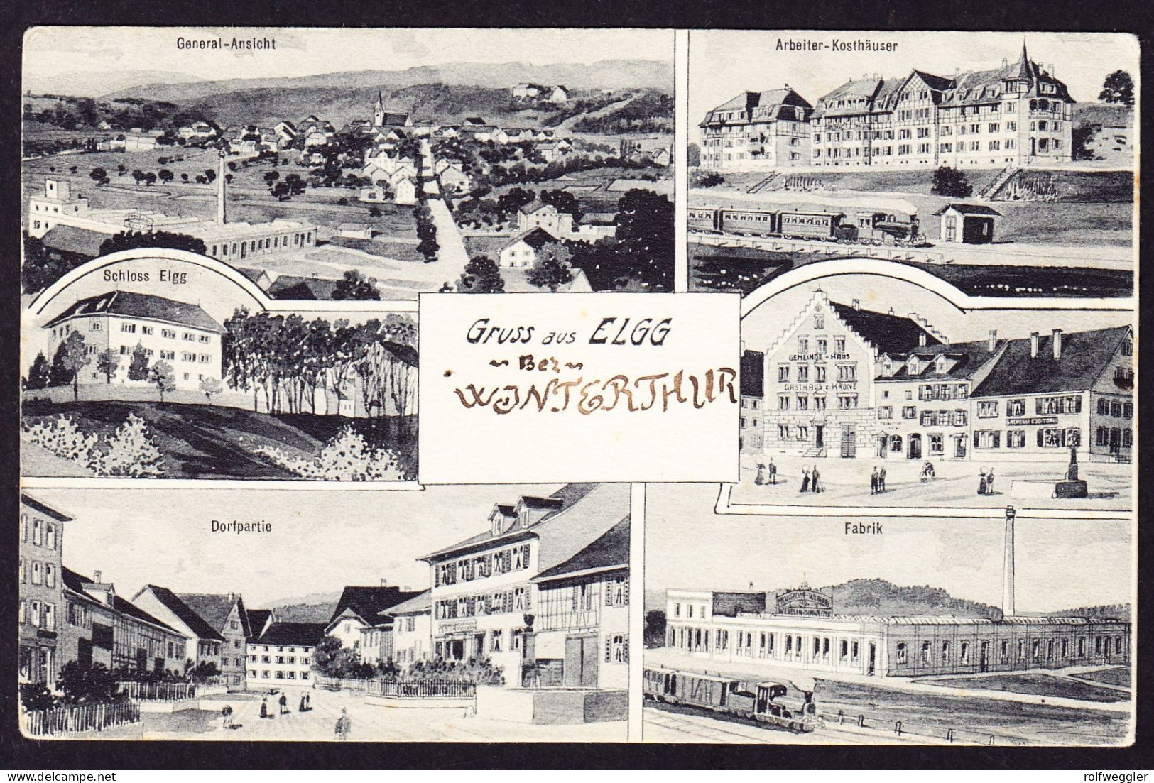 1912 Mit Feldpost Gelaufene AK: Gruss Aus Elgg. 6 Bildrig. Mit Eisenbahn Fabrik, Gasthaus ... - Elgg