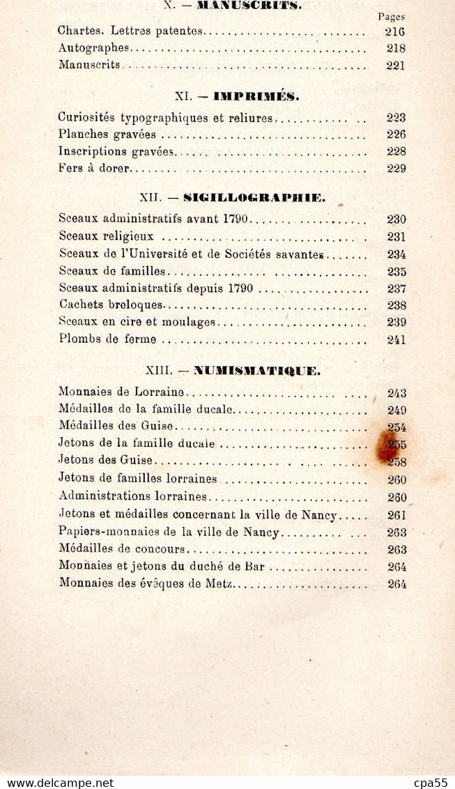 MEURTHE & MOSELLE  -  NANCY  -  CATALOGUE DES OBJETS D'ART ET D'ANTIQUITE DU MUSEE HISTORIQUE LORRAIN - 1887