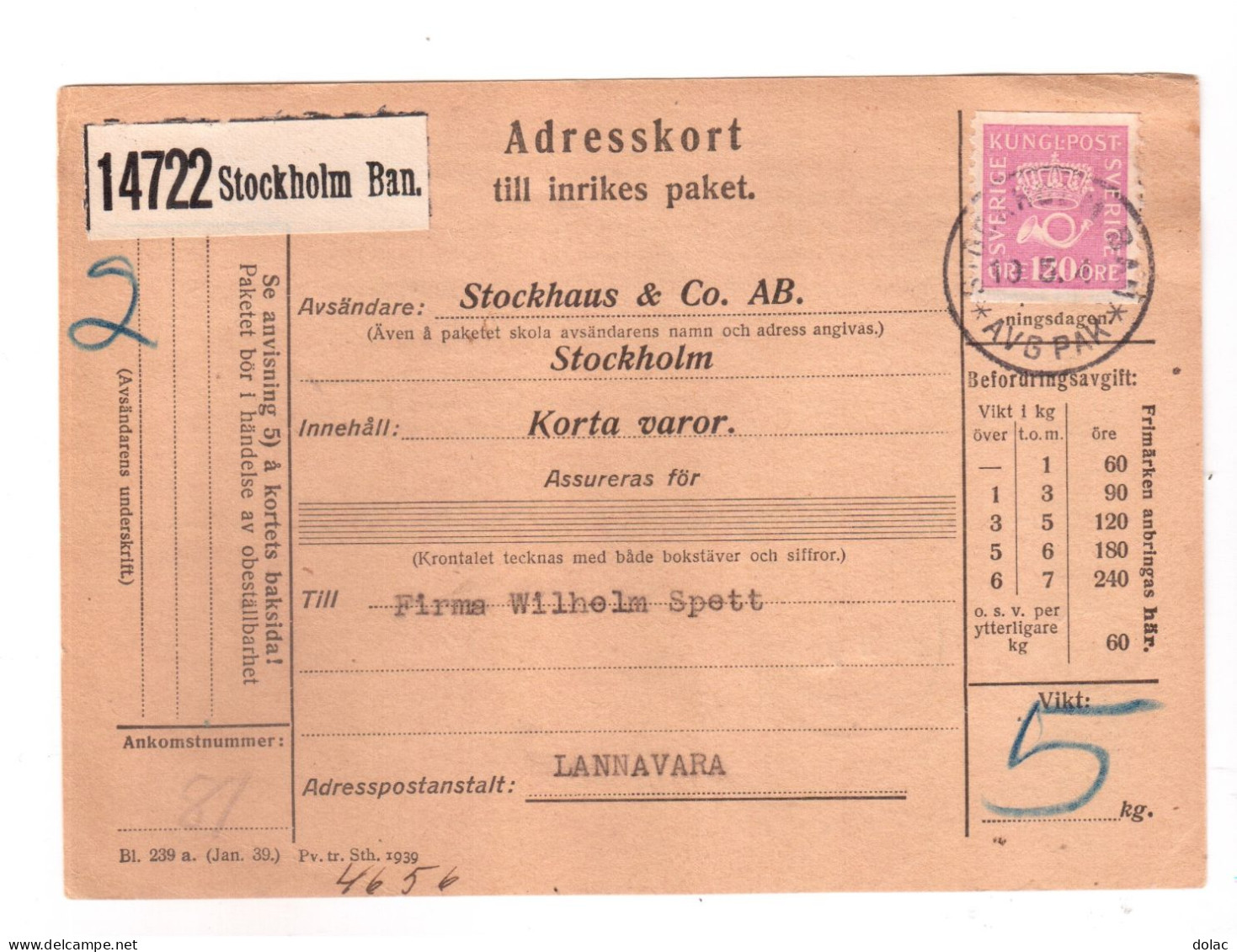 1940 Sweden Sverige Adresskort Paket Stockholm13.5. 1941, LAnavaraaDRE - Sonstige & Ohne Zuordnung