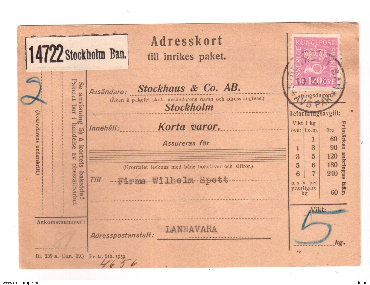 1940 Sweden Sverige Adresskort Paket Stockholm13.5. 1941, LAnavaraaDRE - Autres & Non Classés