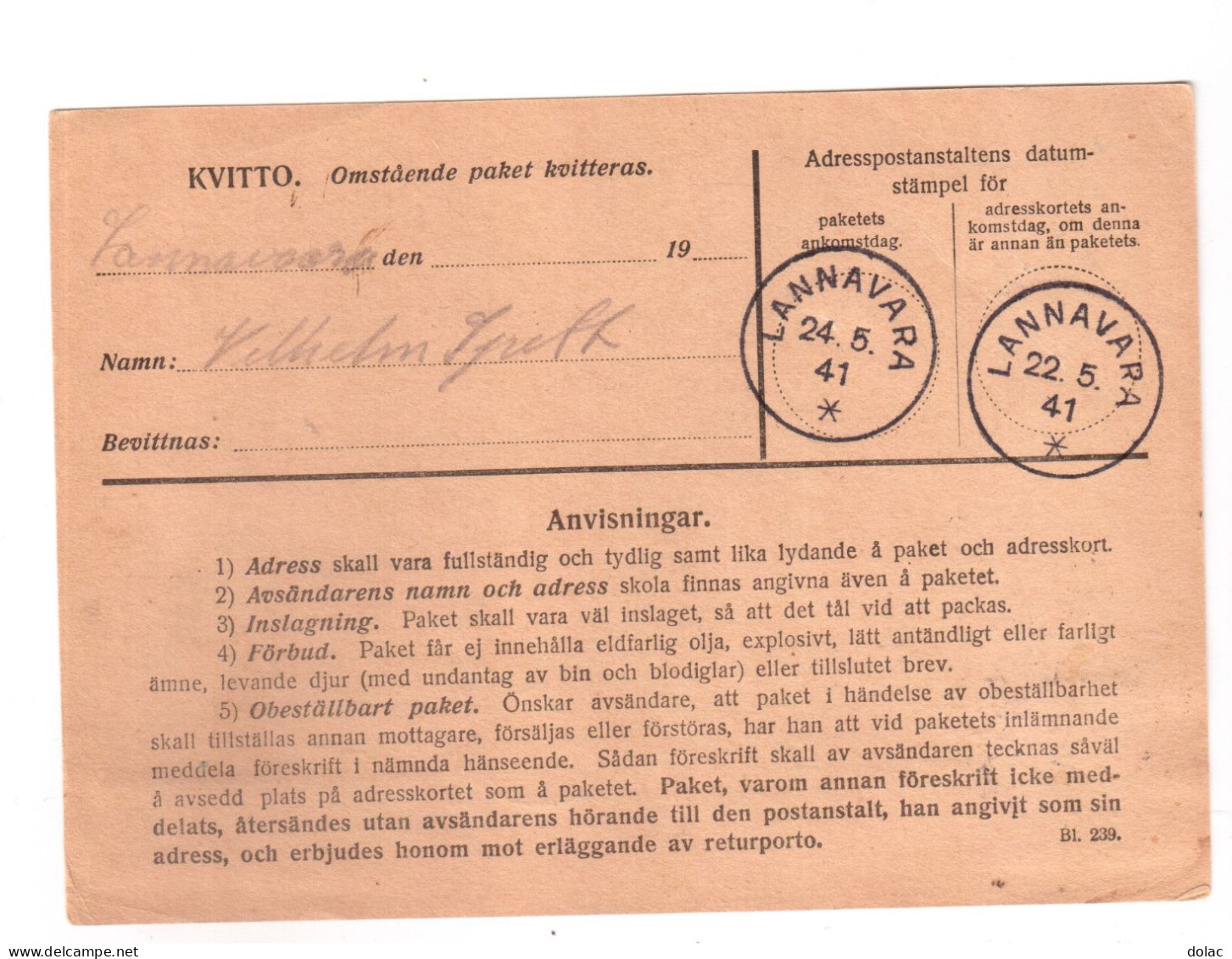 1940 Sweden Sverige Adresskort Paket Stockholm13.5. 1941, LAnavaraaDRE - Autres & Non Classés