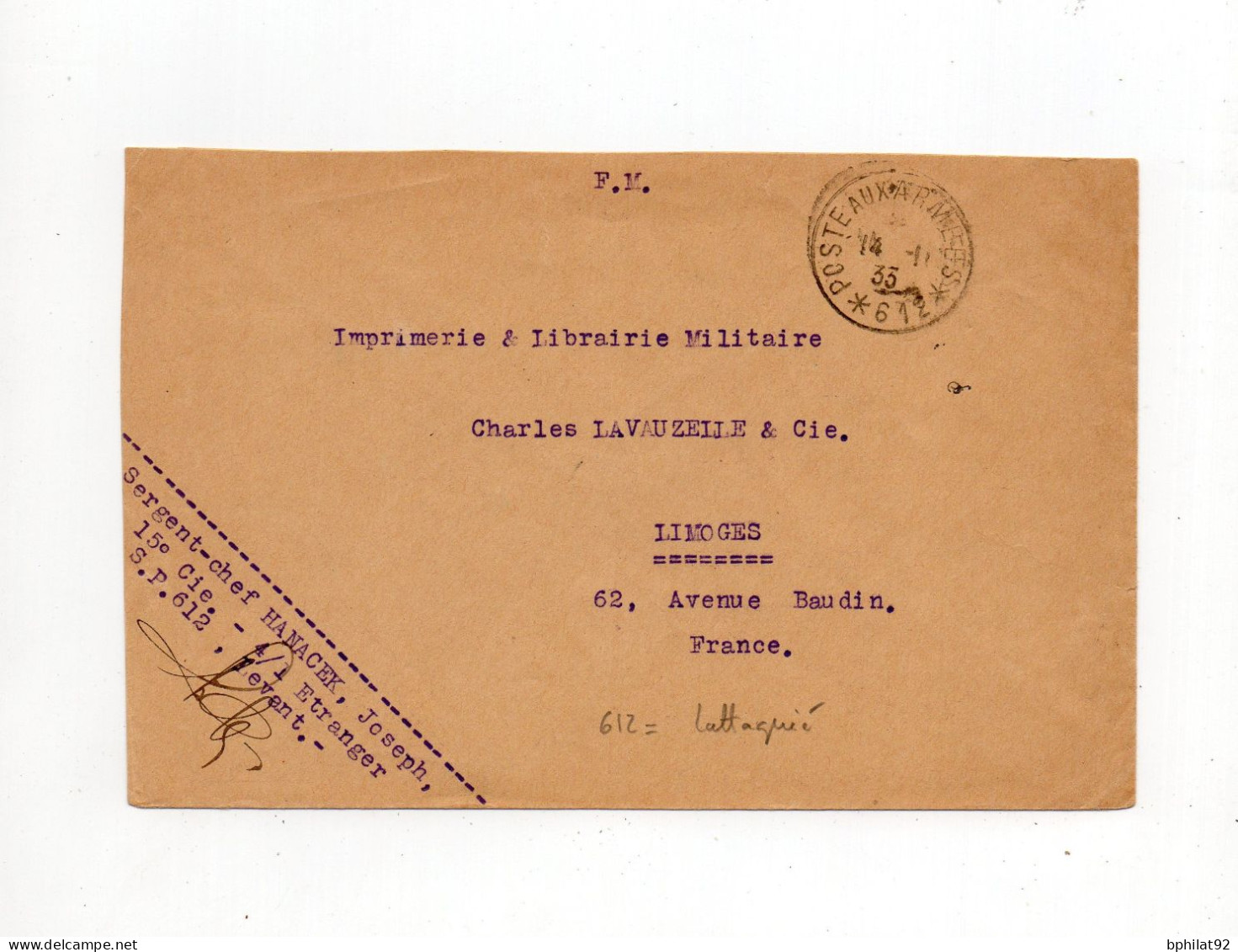 !!! LETTRE EN FRANCHISE DE 1933 POUR LIMOGES CACHET POSTE AUX ARMEES 612 (LATTAQUIE) - Briefe U. Dokumente