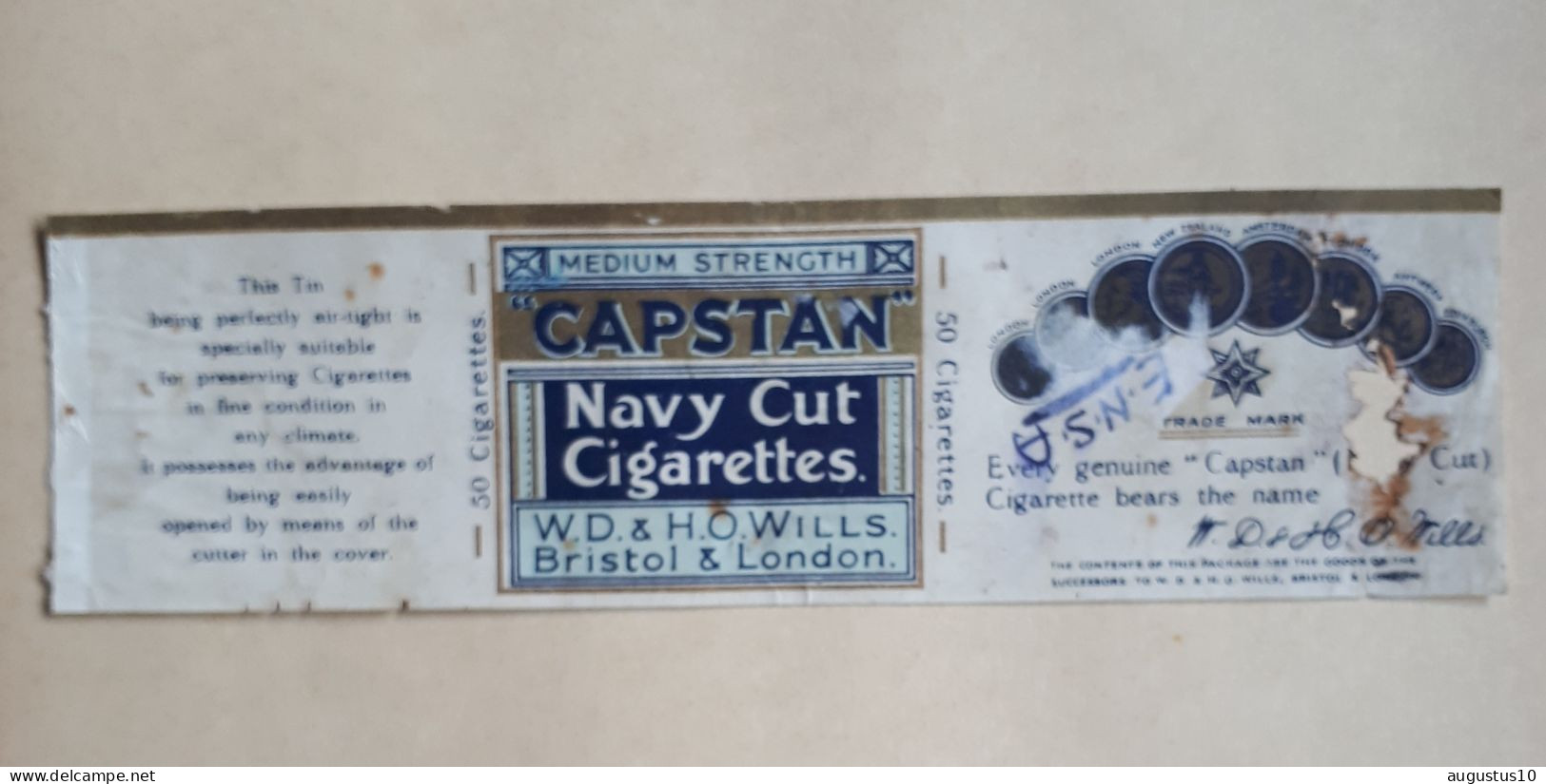 VINTAGE Verpakkingslabel 50 CAPSTAN NAVY CUT Cigarettes  W.D. & H.O. WILLS BRISTOL & LONDON 6 / 21,5 Cm - Estuches Para Cigarrillos (vacios)