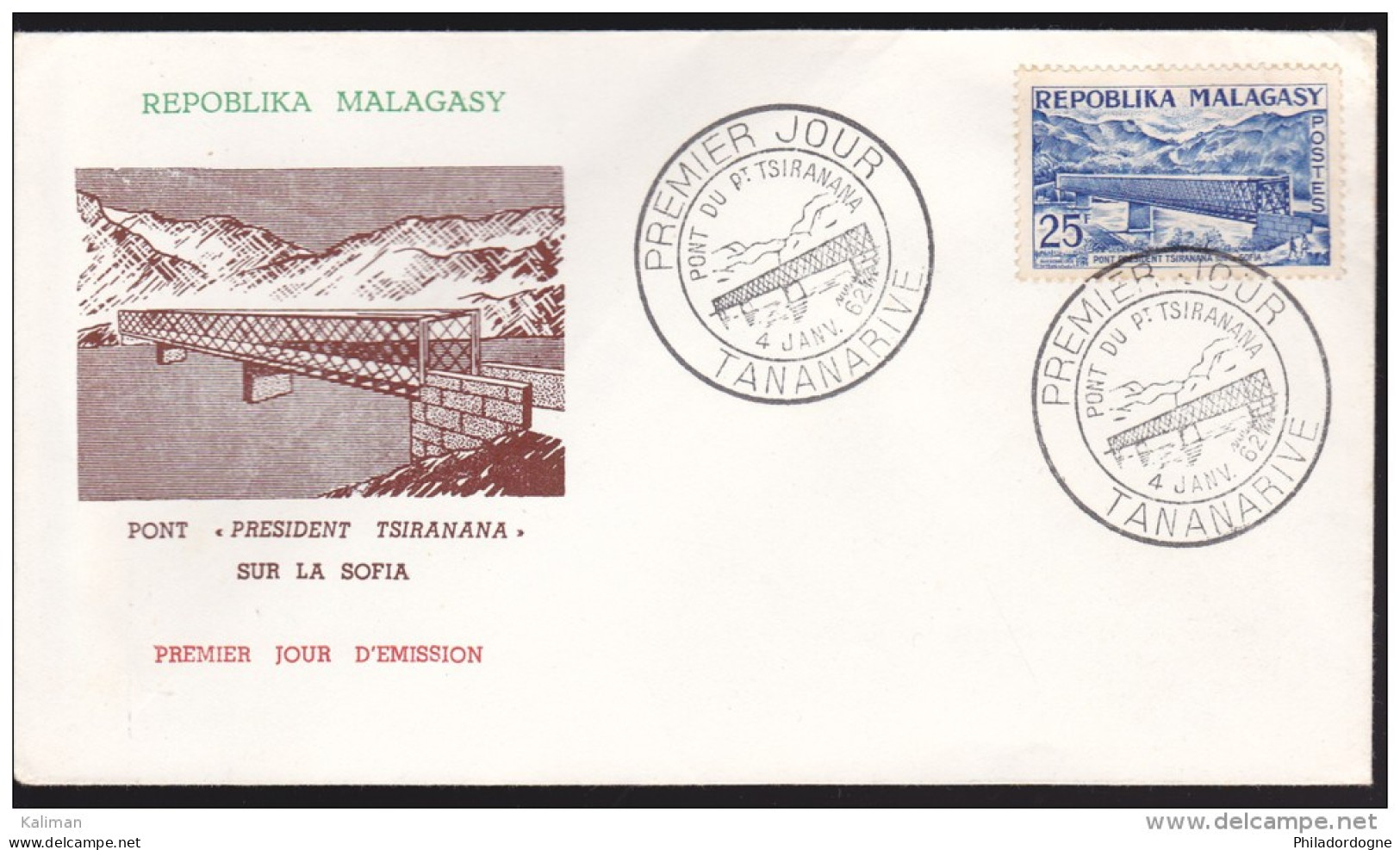 Madagascar - Michel N° 474 Oblitéré 04/01/1962 - FDC - Premier Jour - Pont Du Pt. Tsiranana - Madagascar (1960-...)