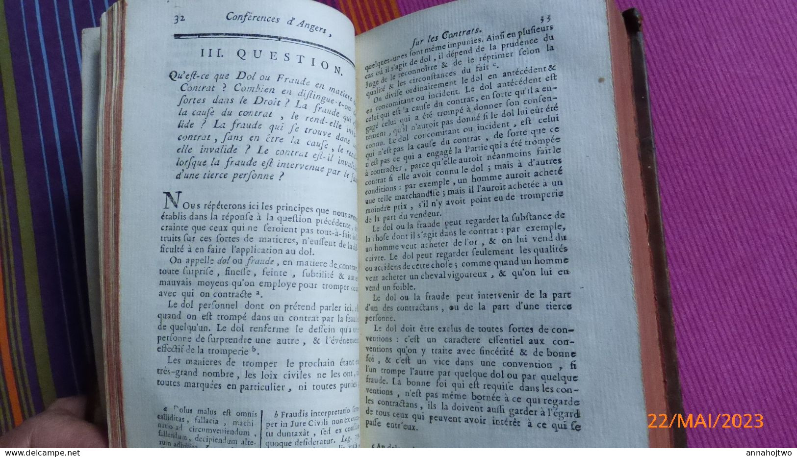 CONFÉRENCES ÉCCLÉSIASTIQUES DU DIOCÈSE D’ANGERS   SUR LES CONTRATS Tenues dans les années 1711 & 1728