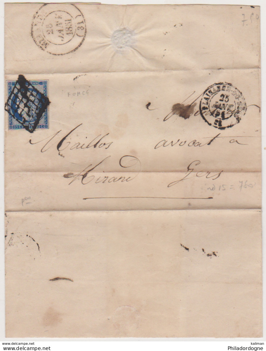 France - LsC N° 4 Foncé Obl. 1851 Plaisance Du Gers Pour Mirande (indice 15) - 1849-1850 Ceres