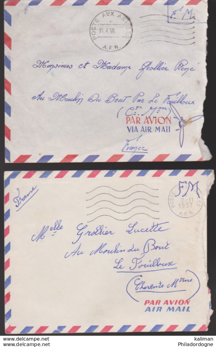 AFN - Lot de 27 enveloppes FM dont la moitié avec correspondance - fin des années 50 - cachets poste aux armées
