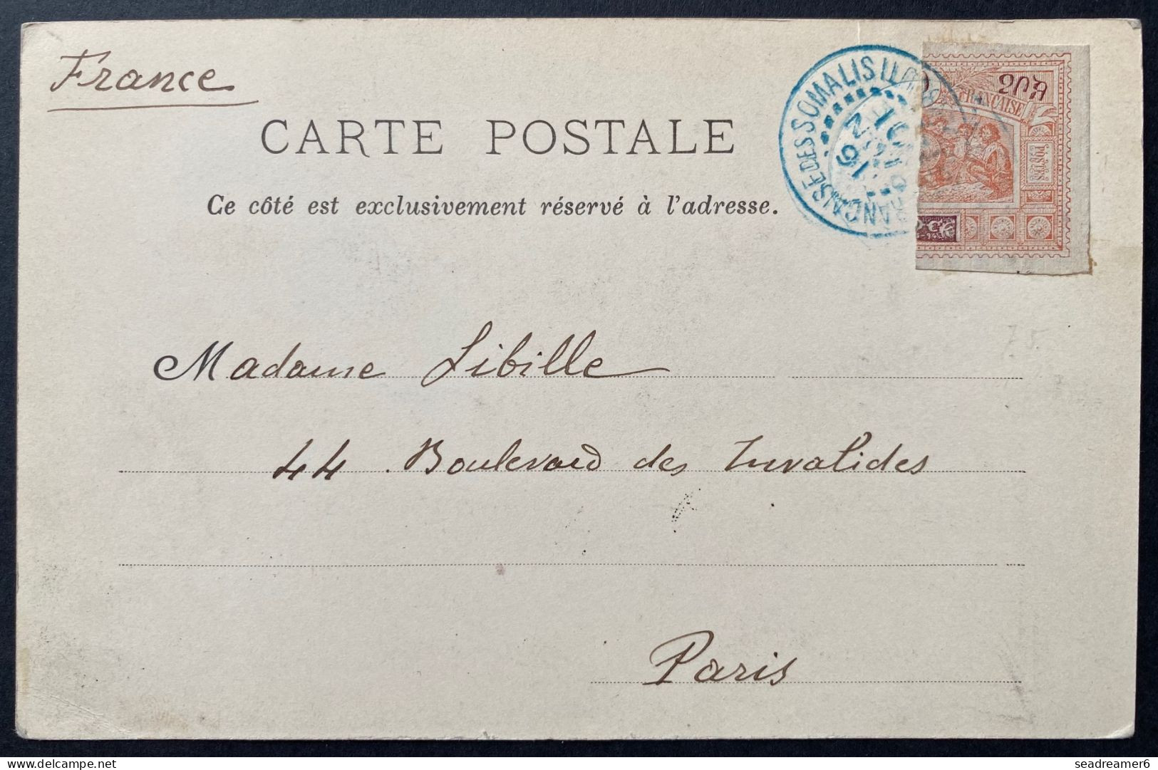 Cotes Des SOMALIS 1901 Carte Postale DJIBOUTI N°53 20c Coupé En 2 Faute De Timbre En NOV 1901 Oblit Dateur De DJIBOUTI R - Storia Postale