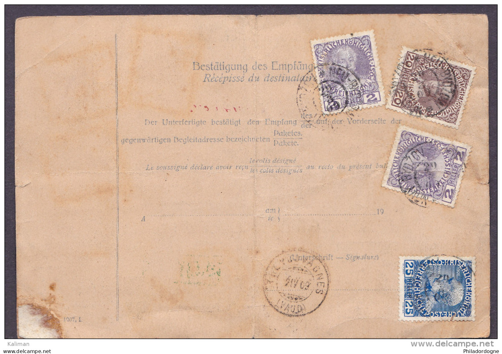Tchecoslovaquie Pour La Suisse - Timbres Autrichiens Sur Entier Postal Obl. 1909 - Cachets Suisses Vert - - ...-1918 Préphilatélie