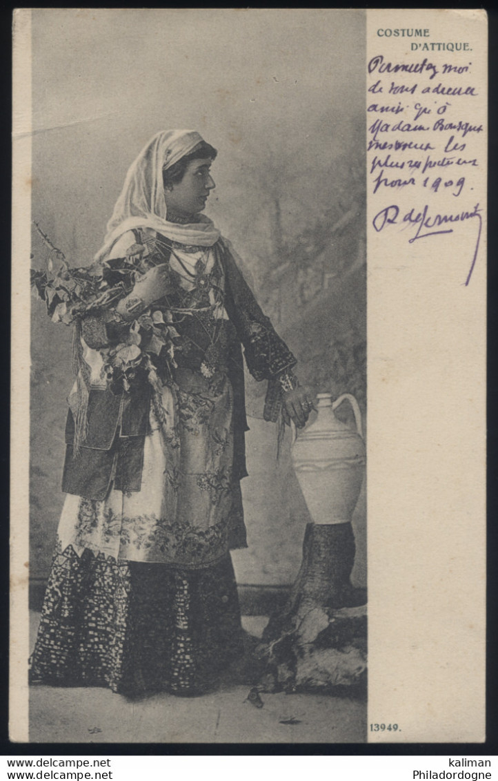 Grèce - Yvert N° 150 Obl. Sur CPA "Costume D'Attique" 31/12/1908 (une Froissure) - Lettres & Documents