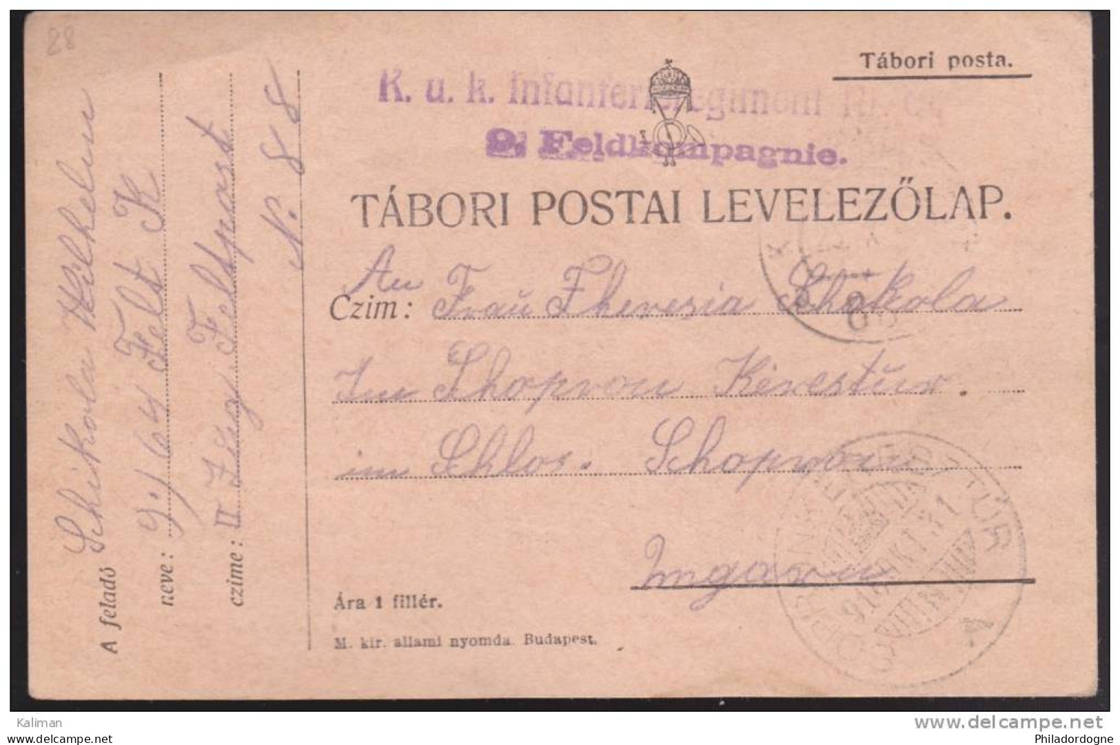 Hongrie - Tabori Postai Levelezolap - R.U.K. Infanterisregiment 9 Feldkompagnie Sopron Keres Tur A - Poststempel (Marcophilie)