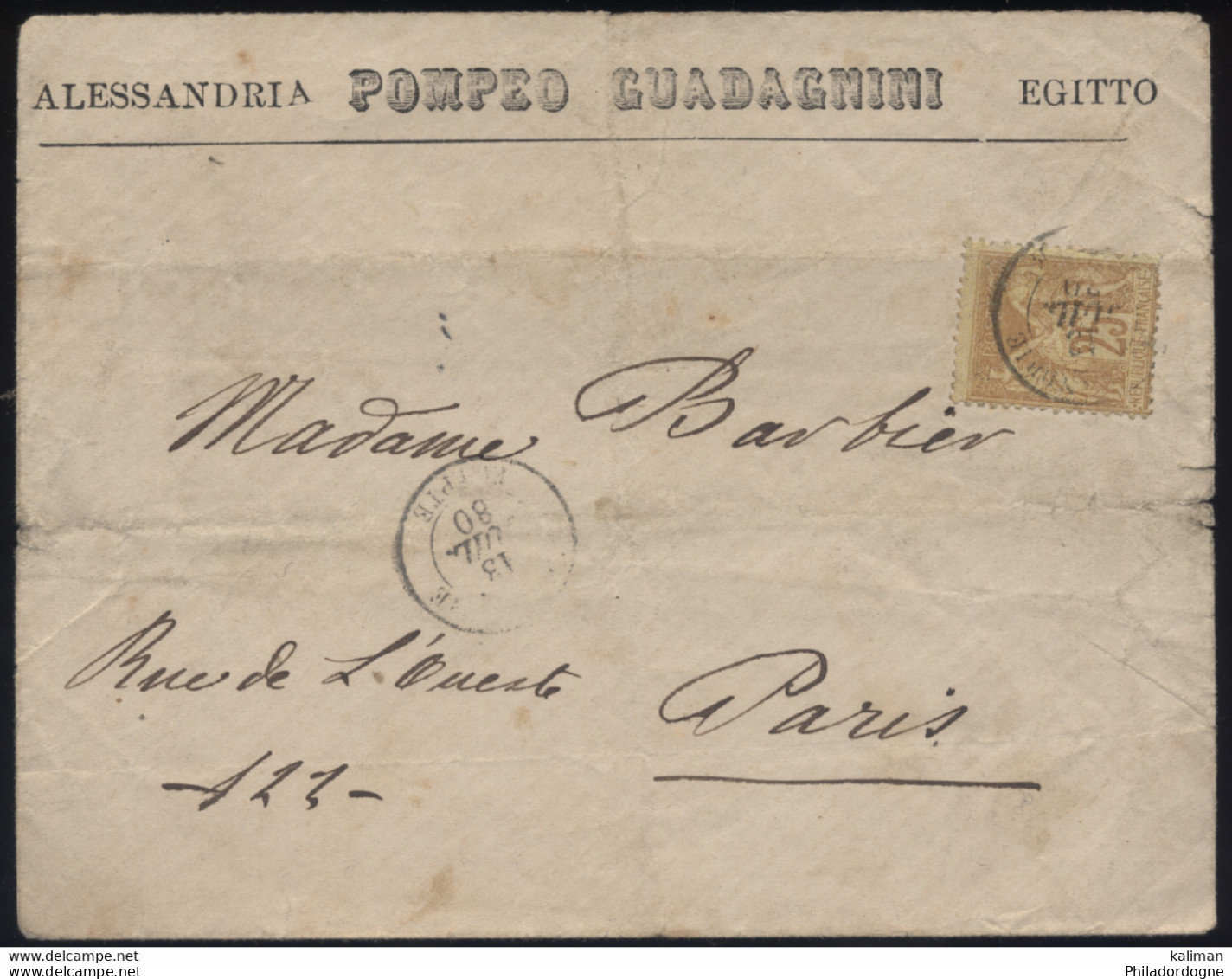 Alexandrie - N° 92 De France Sur LsC Obl. CaD Alexandrie Egypte Pour Paris 1880 - Cartas & Documentos