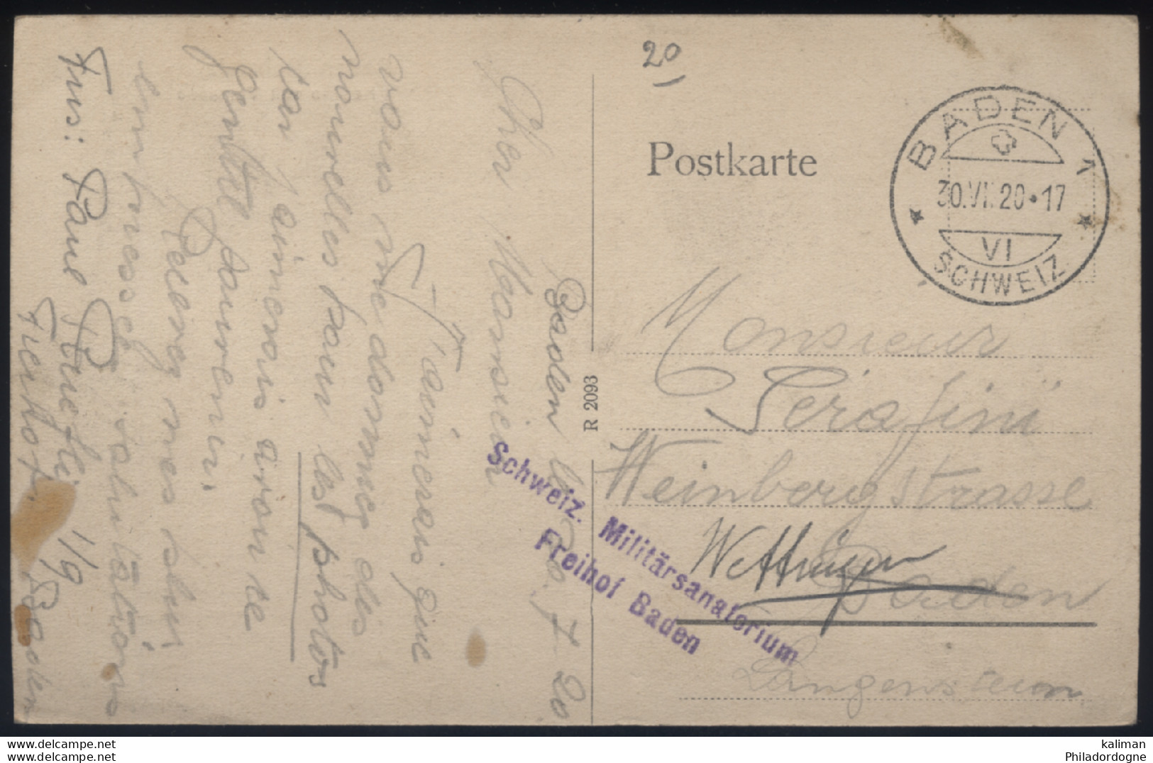 Suisse - CPA Baden En Franchise Militaire - Schweiz Militarsanaterium Freihof Baden - 20/07/1920 - Postmarks