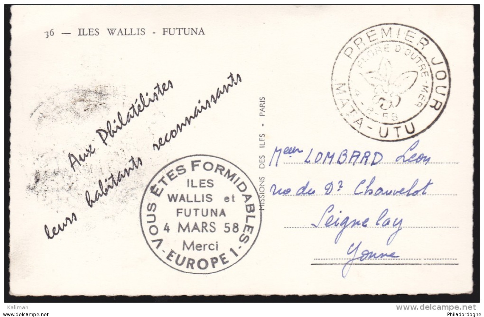 Wallis Et Futuna - Yvert N° 159 Oblitéré 04/08/1958 - FDC Carte Maximum - Flore D'outre Mer - Cachet Europe 1 - Maximumkarten