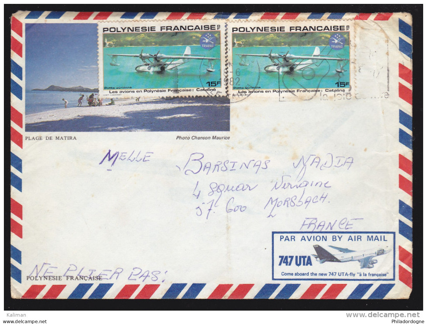 Polynésie - Enveloppe P.A. N° 156 Par 2 Oblitérés 1982 - Cartas & Documentos