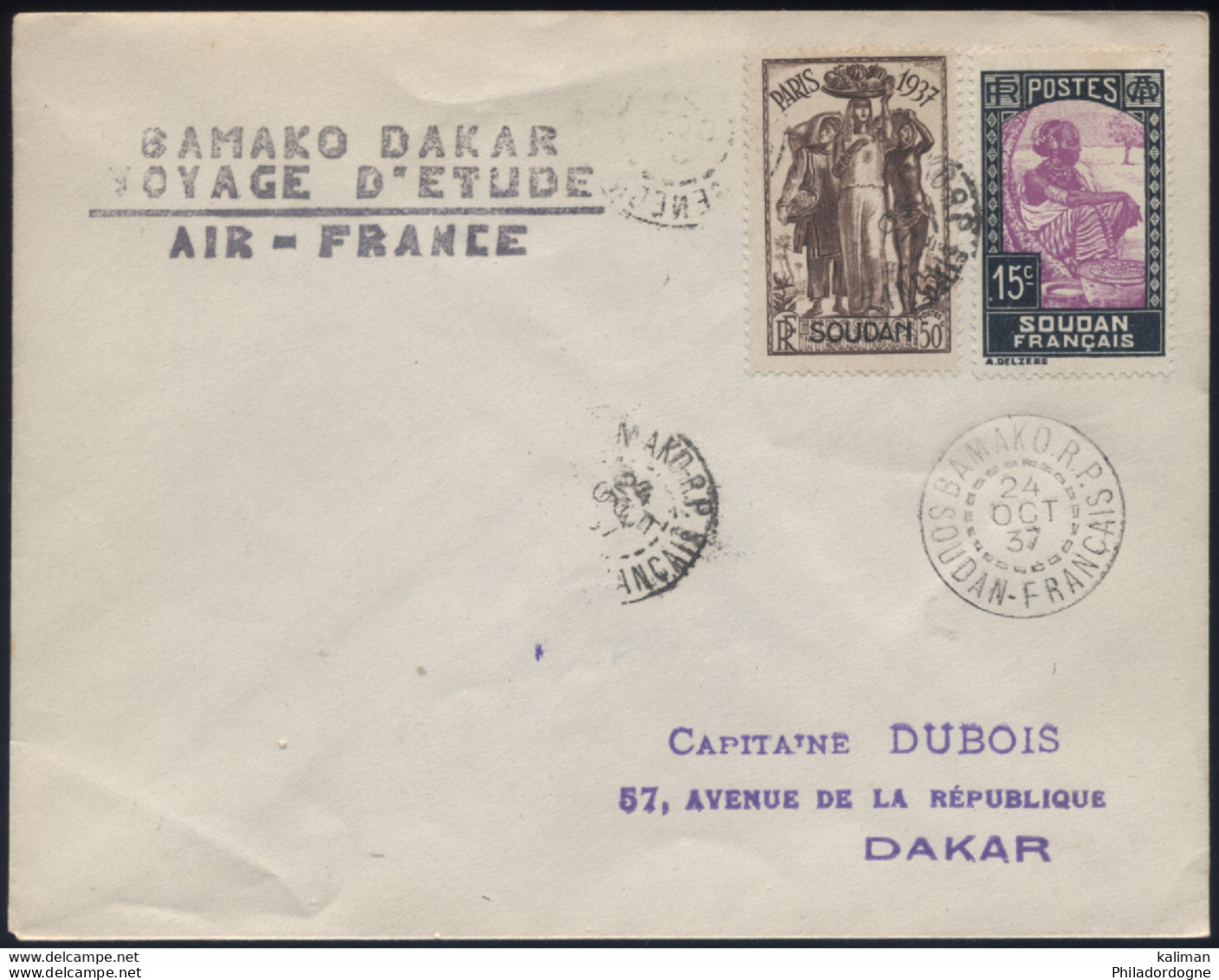 Soudan - N° 65 Et 96 Sur LsC Obl. Bamako Dakar Voyage D'Etude Air France "Bamako R.P." - 24/10/1937 - Lettres & Documents