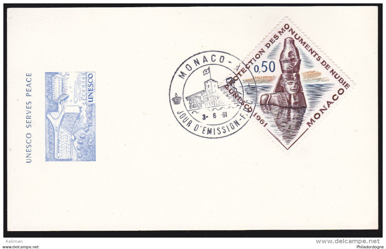 Monaco N° 553 Obl. 1er Jour 03/06/1961 Sur Carte Numérotée Unesco Serves Peace - Covers & Documents