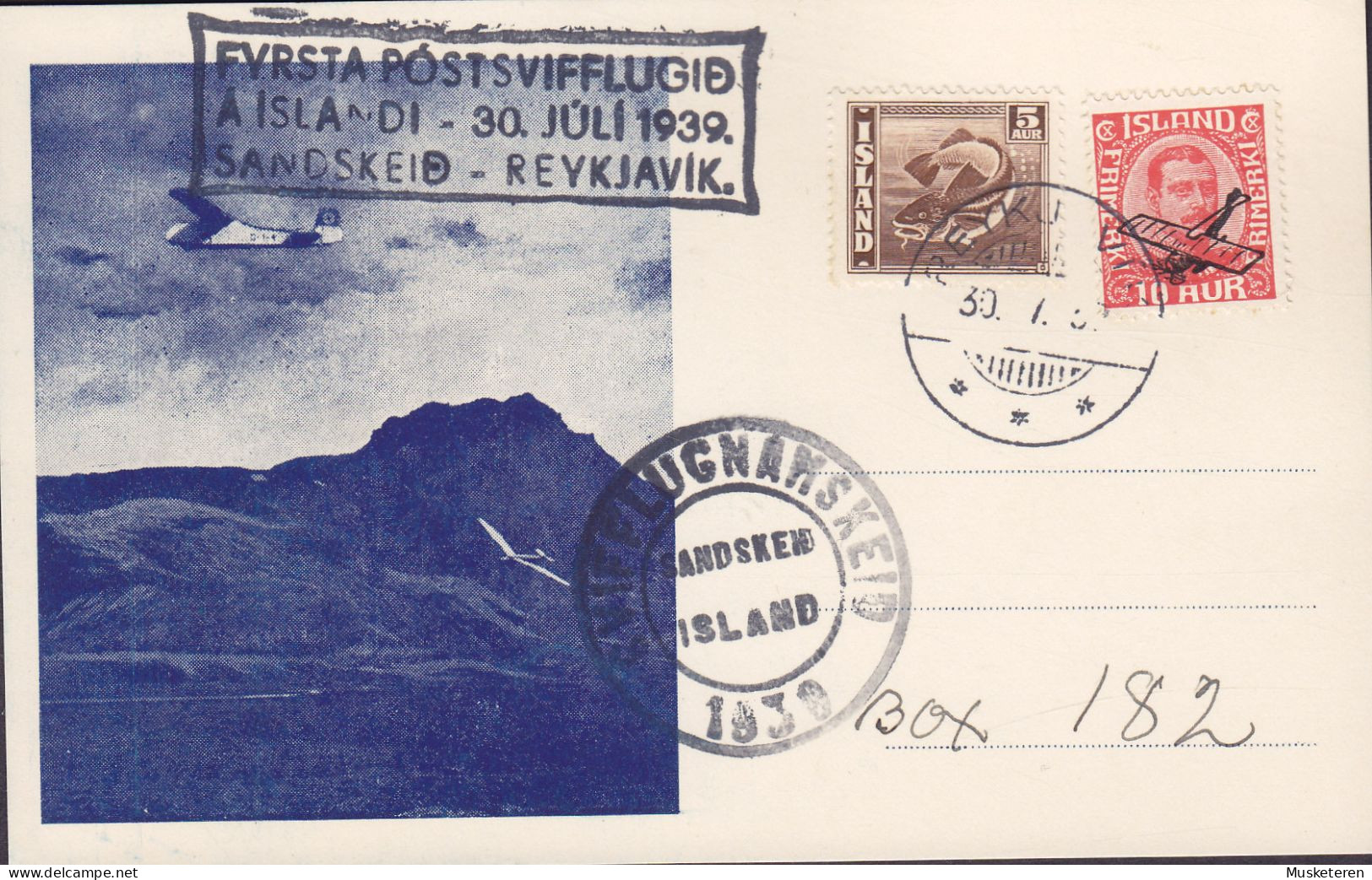 Iceland First Flight Erstflug SANDSKEID - REYKJAVIK 1939 Card Karte Aeroplane On 10 Aur King Chr. X. ERROR Variety - Lettres & Documents