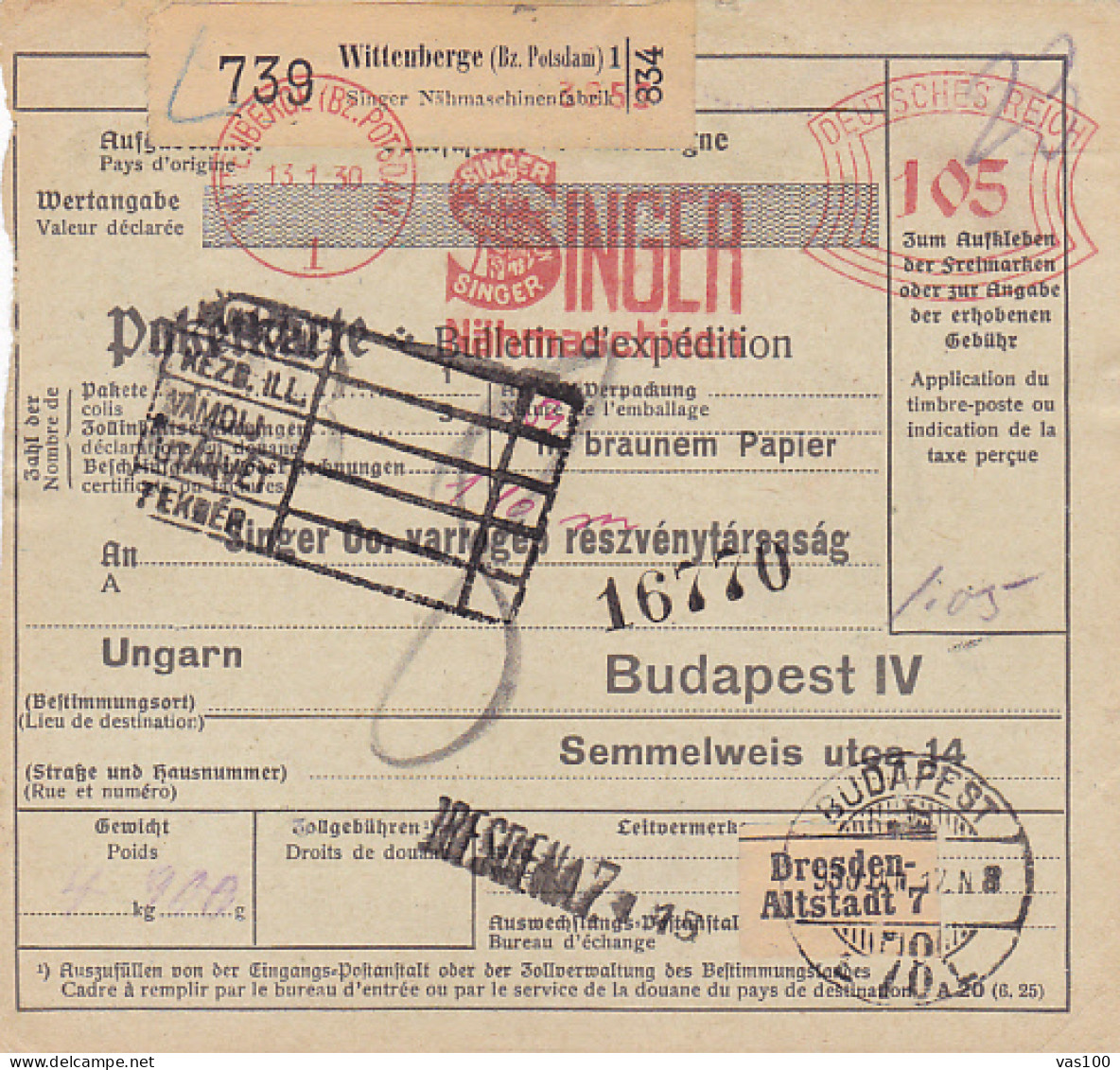 SHIPPING NOTE, SINGER FACTORY- WITTENBERGE TO BUDAPEST, 1930, GERMANY - Europe