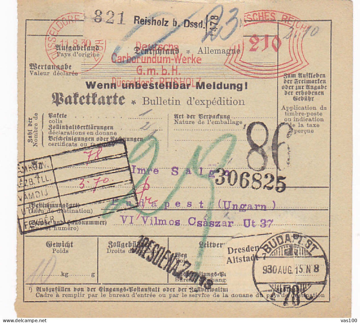 SHIPPING NOTE, FROM DUSSELDORF-REISHOLZ TO BUDAPEST, 1930, GERMANY - Europe