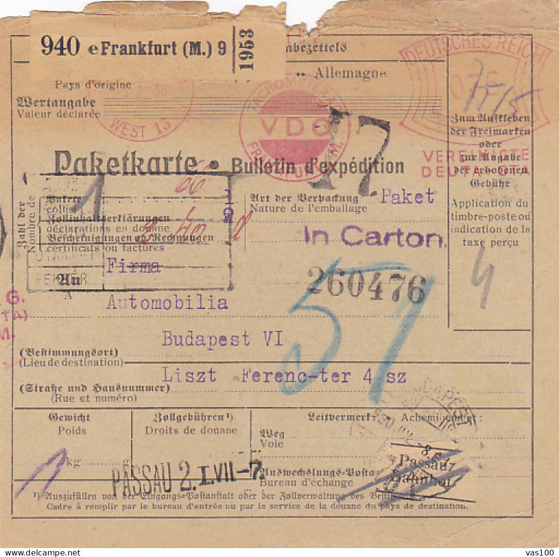 SHIPPING NOTE, FROM FRANKFURT TO BUDAPEST, 1930, GERMANY - Europa