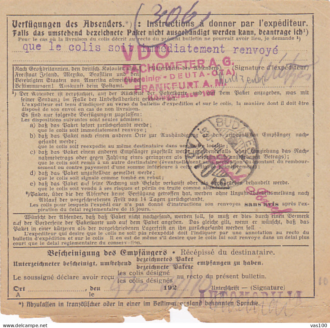 SHIPPING NOTE, FROM FRANKFURT TO BUDAPEST, 1930, GERMANY - Europa