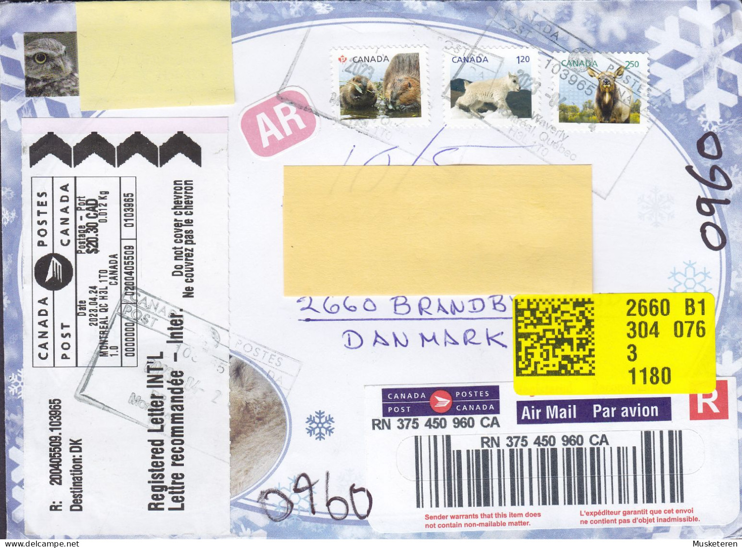 Canada Registered Recommandé Labels MONTREAL 2023 Cover Brief Lettre BRØNDBY STRAND Denmark 3x Animal Stamps - Briefe U. Dokumente