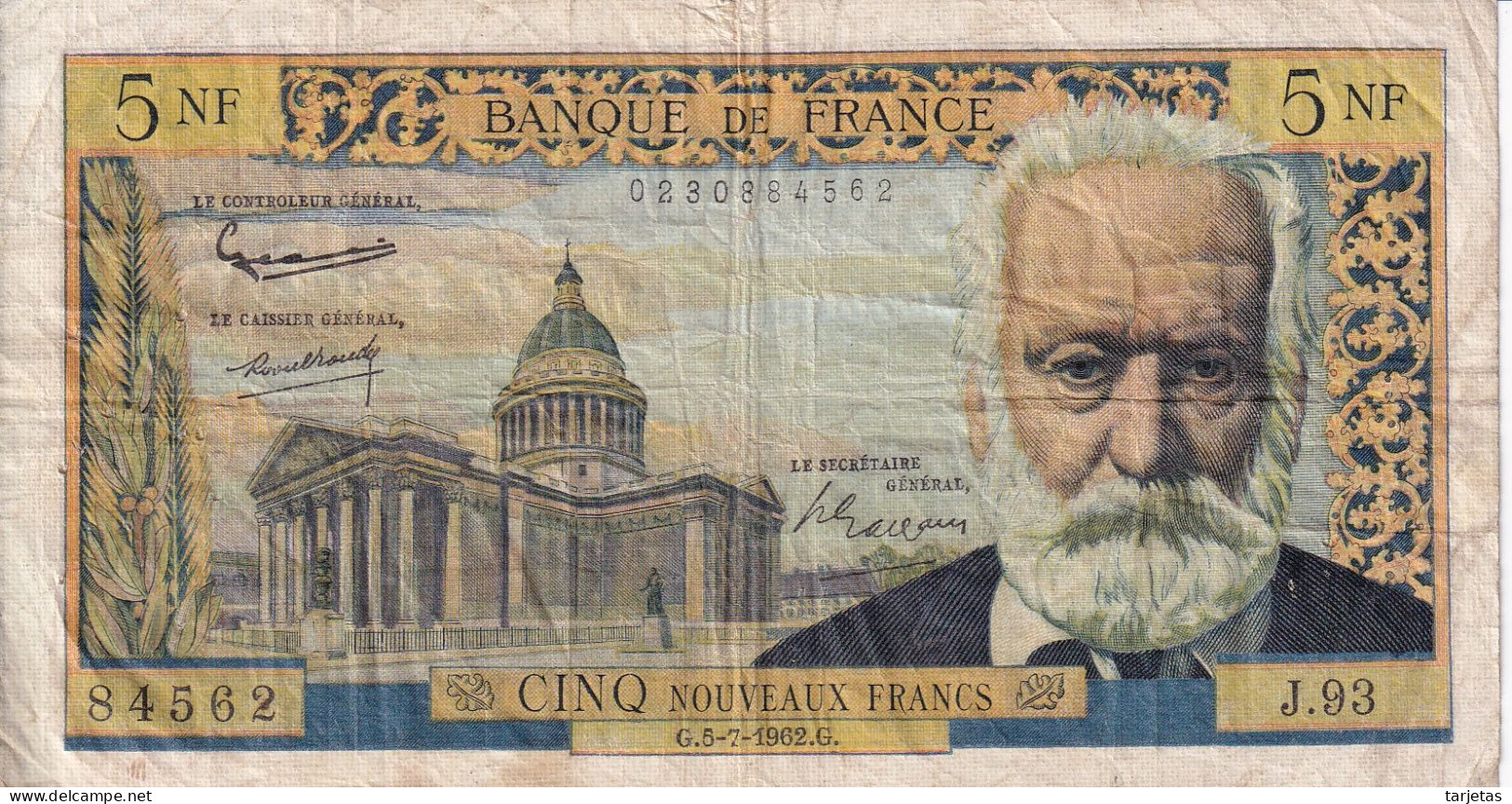 BILLETE DE FRANCIA DE 5 FRANCS DEL 5-7-1962 DE VICTOR HUGO  (BANKNOTE) - 5 NF 1959-1965 ''Victor Hugo''