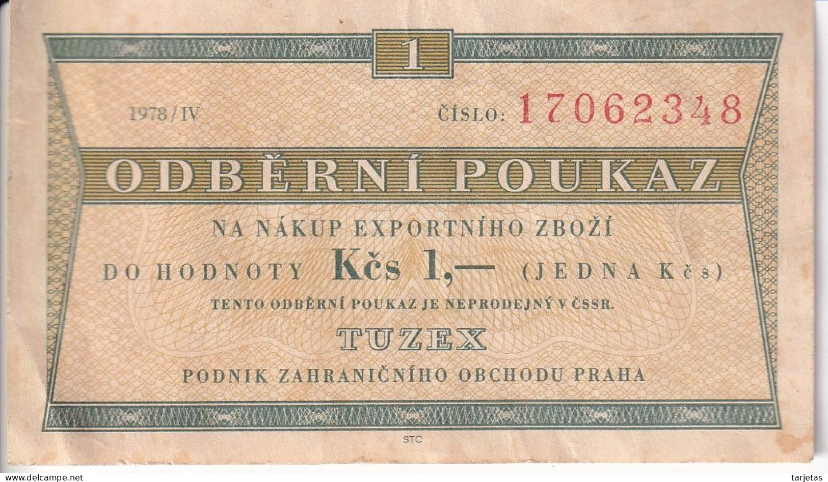 BILLETE DE CHECOSLOVAQUIA DE TUZEX 1 KCS DEL AÑO 1978  (BANKNOTE) - Tschechoslowakei