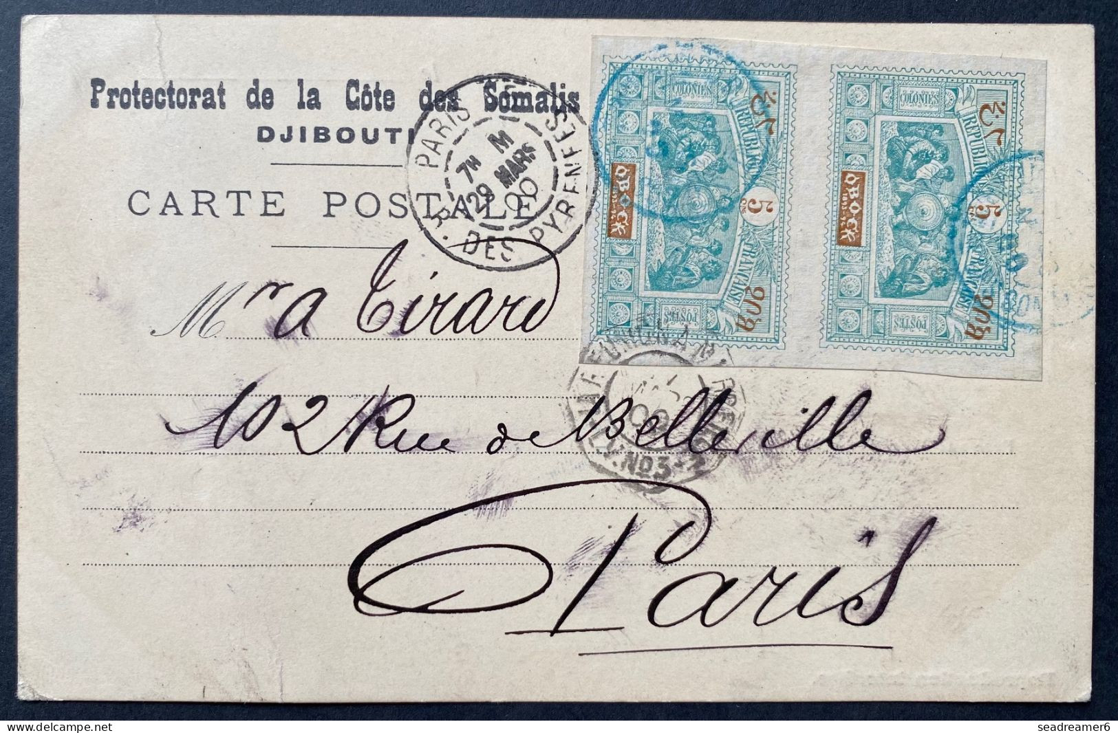 Carte DJIBOUTI " Le Parc Aux Chameau " N°50 Paire 5c Vert/bleu NOV 1900 Oblit Dateur De DJIBOUTI Pour PARIS - Storia Postale