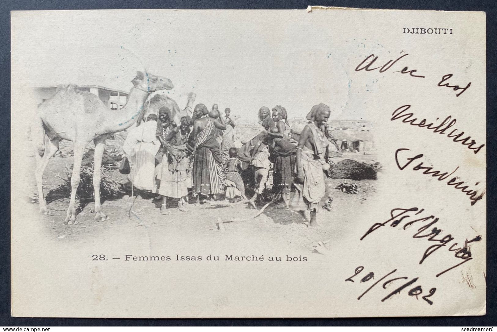 Carte De Djibouti "femmes Issas " Avec N°28 X2 5c Sur 40c Orange JUIN 1902 Oblit Dateur Bleu De DJIBOUTI Pour PARIS TTB - Covers & Documents