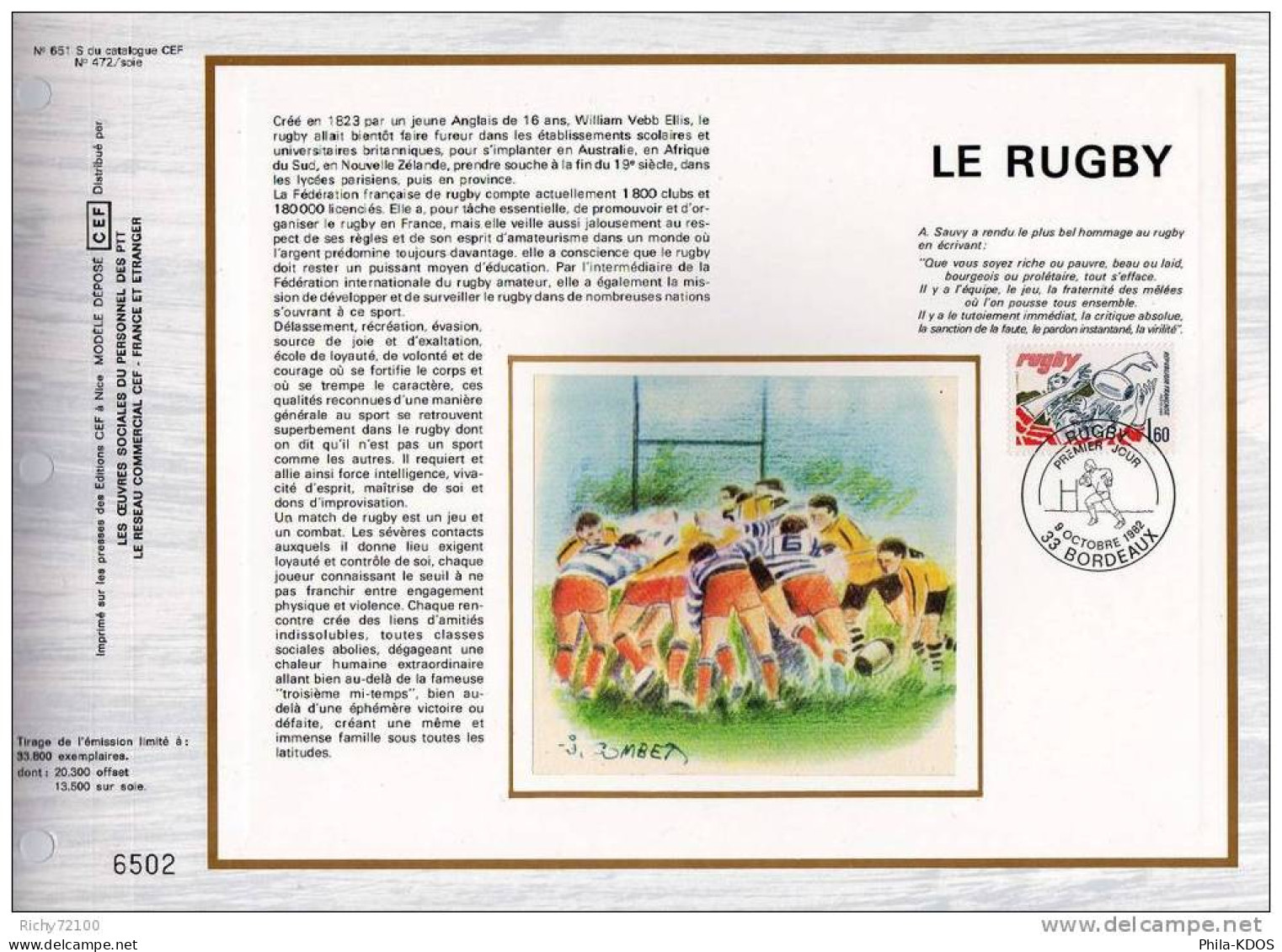 FRANCE Feuillet CEF 1° Jour N° 651 S ( En SOIE ) " LE RUGBY ". Parfait état. - Rugby