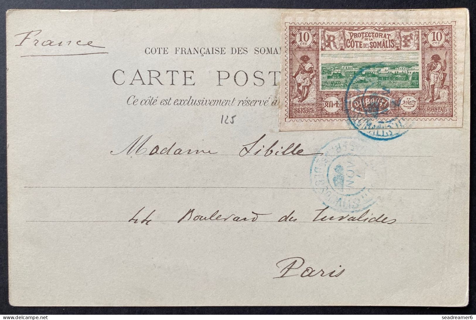 Cotes Des SOMALIS 1901 Carte De DJIBOUTI N°10 10c Brun Et Vert Oblitéré Dateur De DJIBOUTI Pour PARIS - Brieven En Documenten