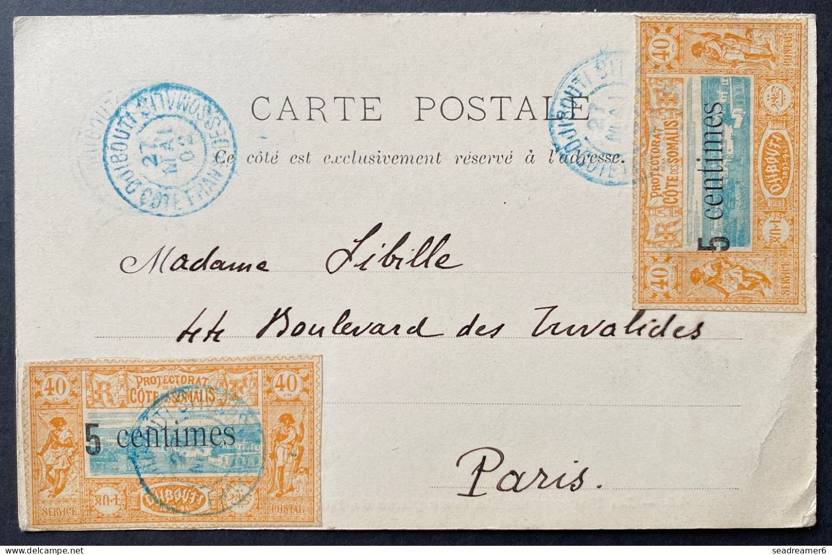 Carte De Djibouti "place De Harar " Avec N°28 X2 5c Sur 40c Orange MAI 1902 Oblit Dateur Bleu De DJIBOUTI Pour PARIS TTB - Lettres & Documents