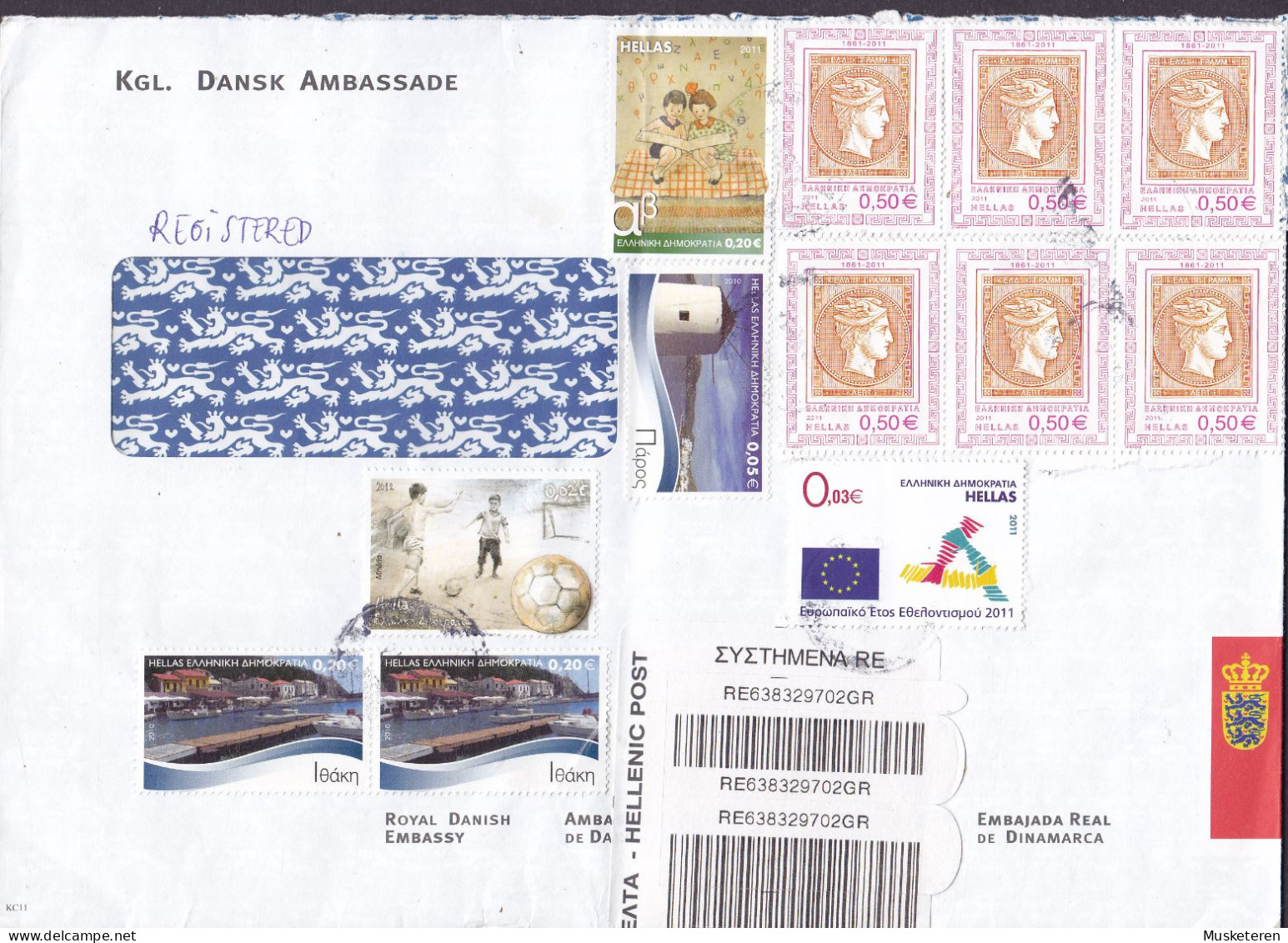 Greece ROYAL DANISH EMBASSY Registered Einschreiben Label ATHENS 2011? Mult. Franked Cover Brief Lettre - Lettres & Documents