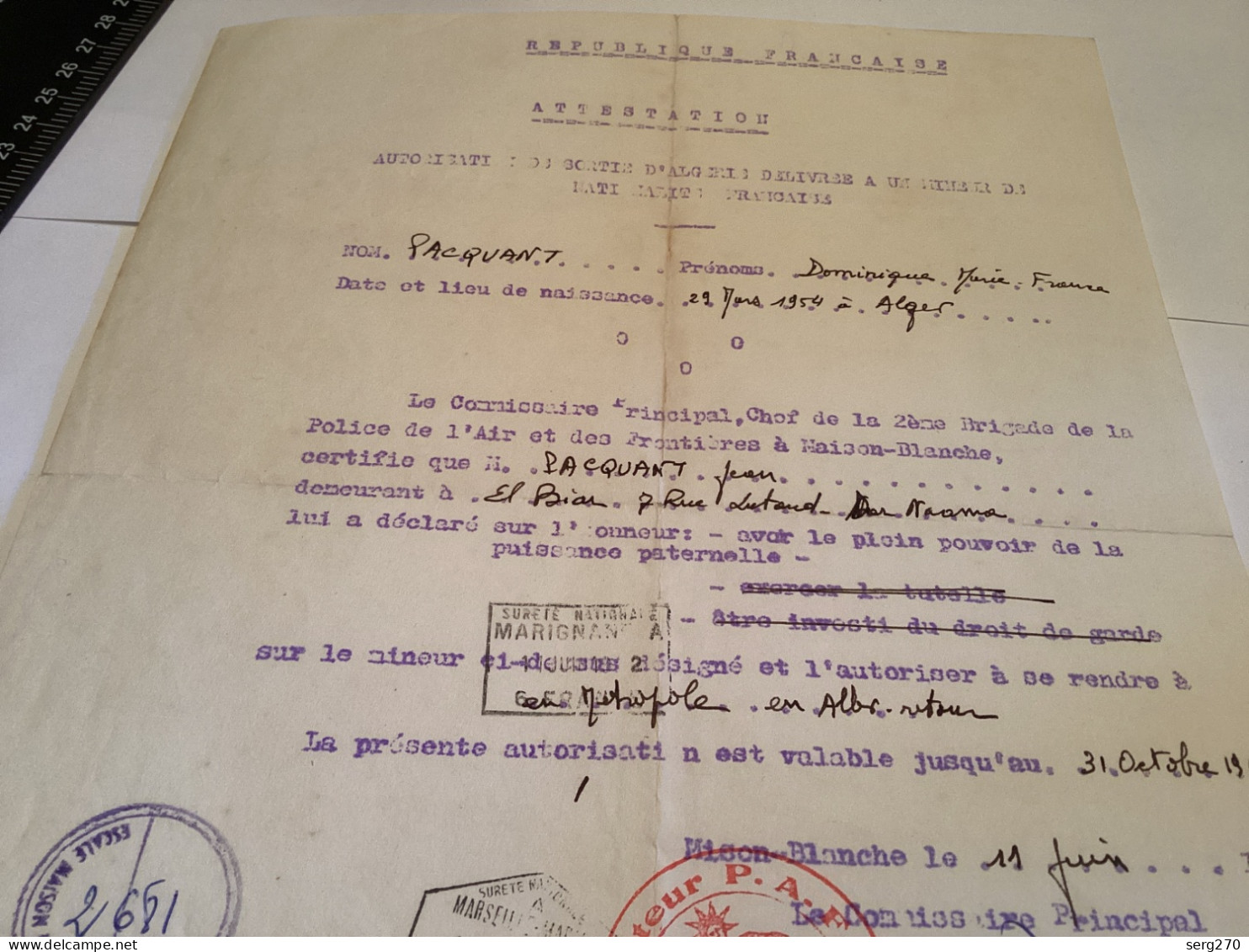 République Française, Attestation Autorisant, Sortie D’Algérie, Chef De La Deuxième Brigade De La Police, De L’air - Documents