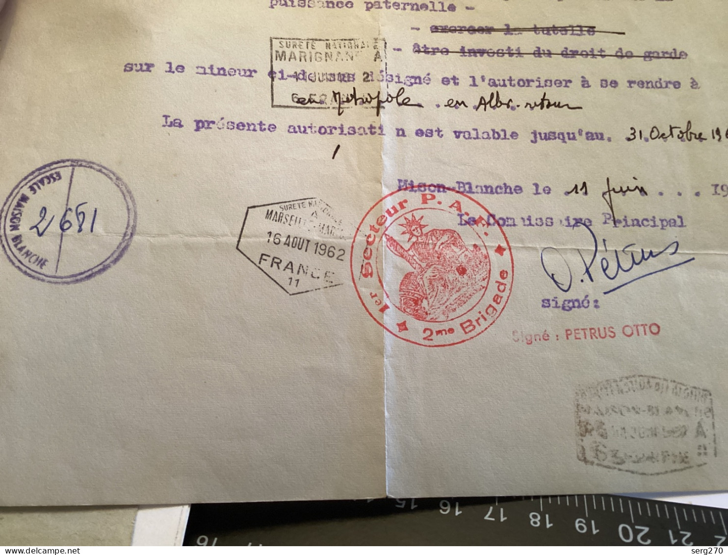 République Française, Attestation Autorisant, Sortie D’Algérie, Chef De La Deuxième Brigade De La Police, De L’air - Documents