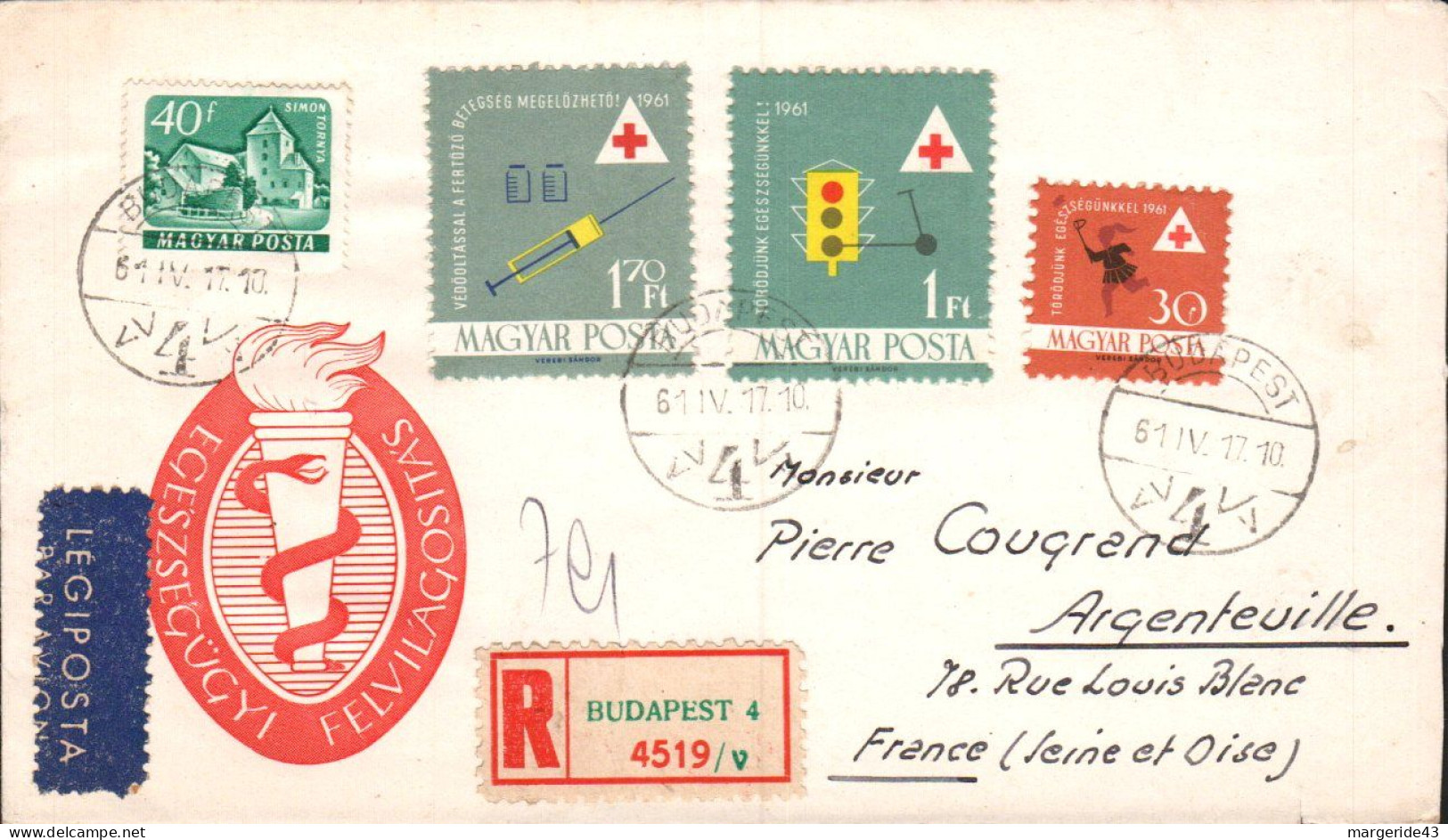 HONGRIE AFFRANCHISSEMENT COMPOSE SUR LETTRE RECOMMANDEE POUR LA FRANCE 1961 - Cartas & Documentos