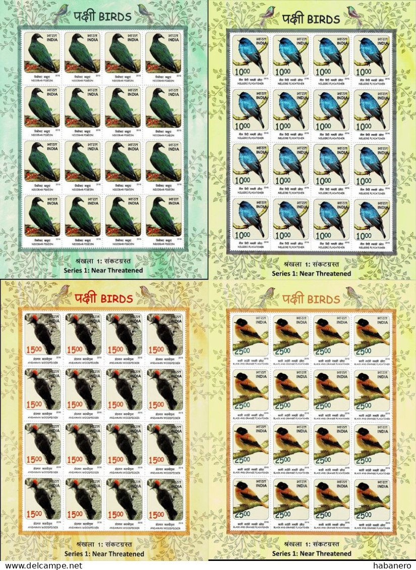 INDIA 2016 Mi 3009-3012 BIRDS 4 X MINT FULL SHEETS ** - Blocks & Kleinbögen
